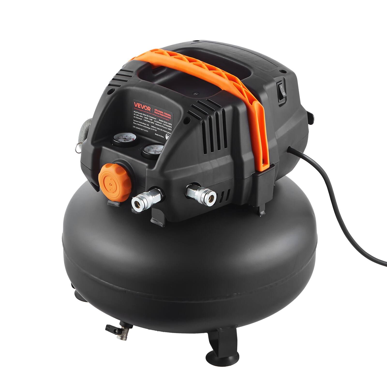 VEVOR

VEVOR
Industrial Air Compressor

Model: VV-2000

Features:
- Oil-Free
- Portable
- Quiet Operation
- High Pressure
- Durable

Specifications:
- Power: 1/2 HP
- Voltage: 115V/60Hz
- Air Tank Capacity: 20L
- Maximum Pressure: 120 PSI
- Noise Level: 75 dB

Warranty: 1 Year

Made in China

For more information, visit www.vevor.com or contact our customer service.