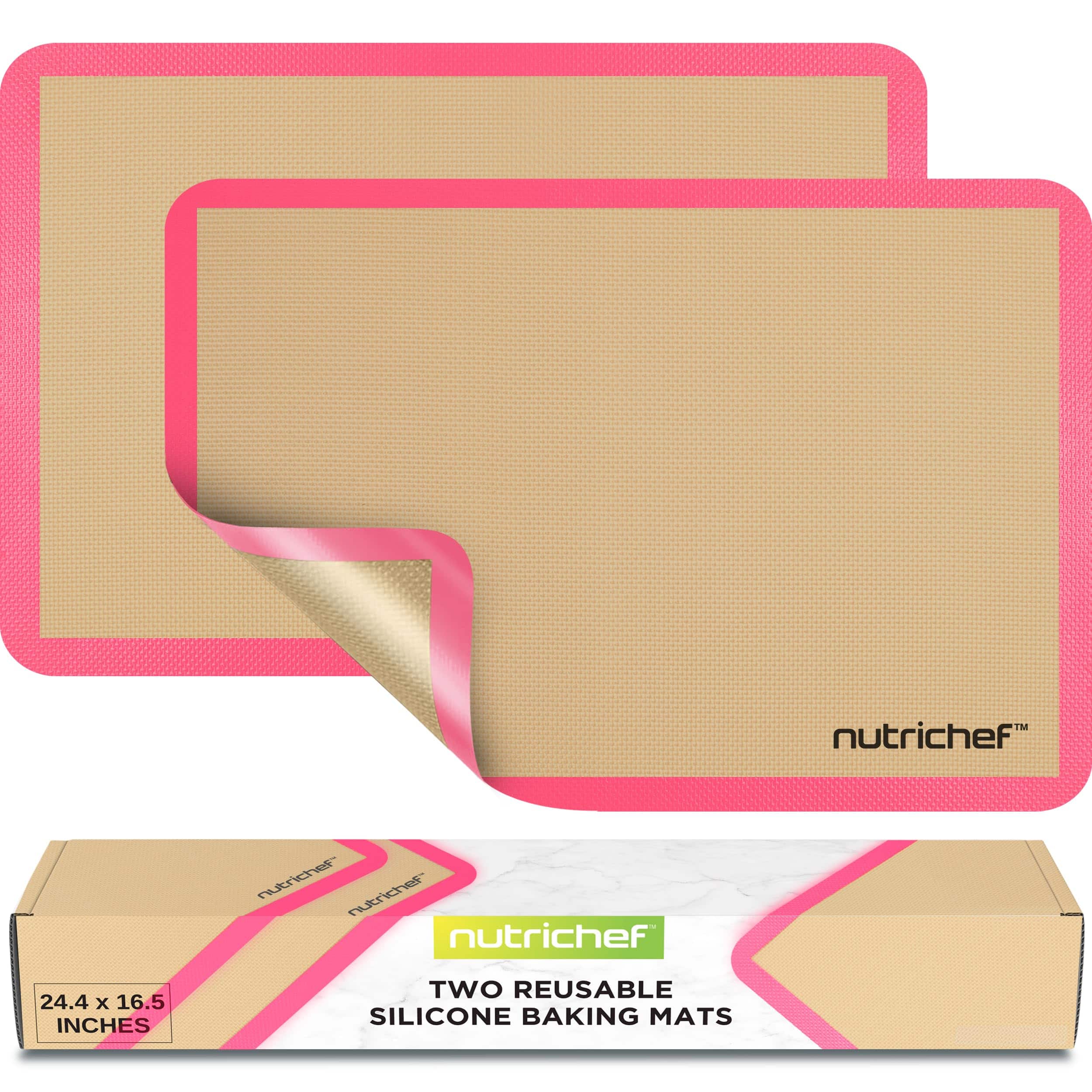 NutriChef - Silicone Baking Mats – 2 Non-Stick, Oven-Safe Up to 480°F, for Full Baking Pans, Pink Color (NUBAPAPI11)