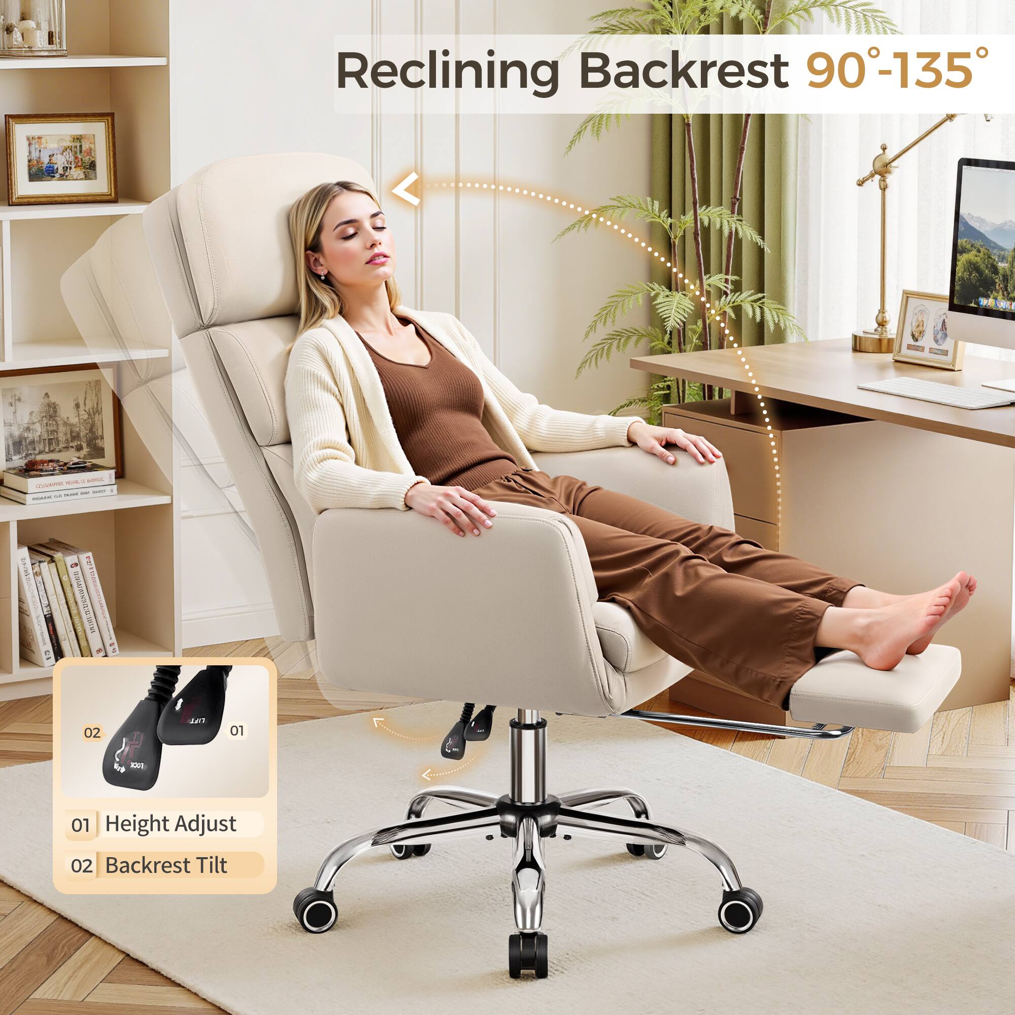 Reclining Backrest 90°-135°

01 Height Adjust
02 Backrest Tilt