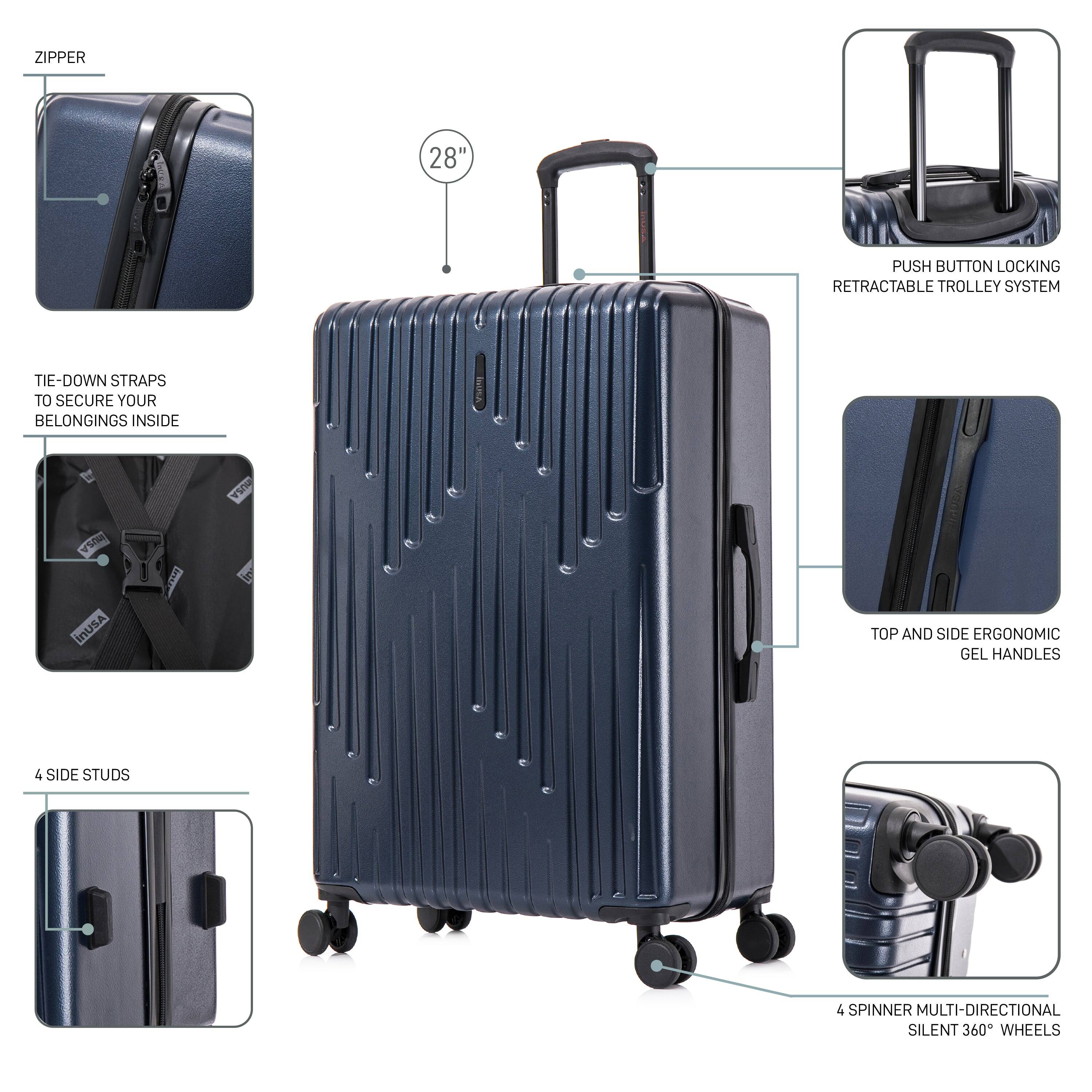 ZIPPER  
28"  
PUSH BUTTON LOCKING RETRACTABLE TROLLEY SYSTEM  
TIE-DOWN STRAPS TO SECURE YOUR BELONGINGS INSIDE  
4 SIDE STUDS  
TOP AND SIDE ERGONOMIC GEL HANDLES  
4 SPINNER MULTI-DIRECTIONAL SILENT 360° WHEELS