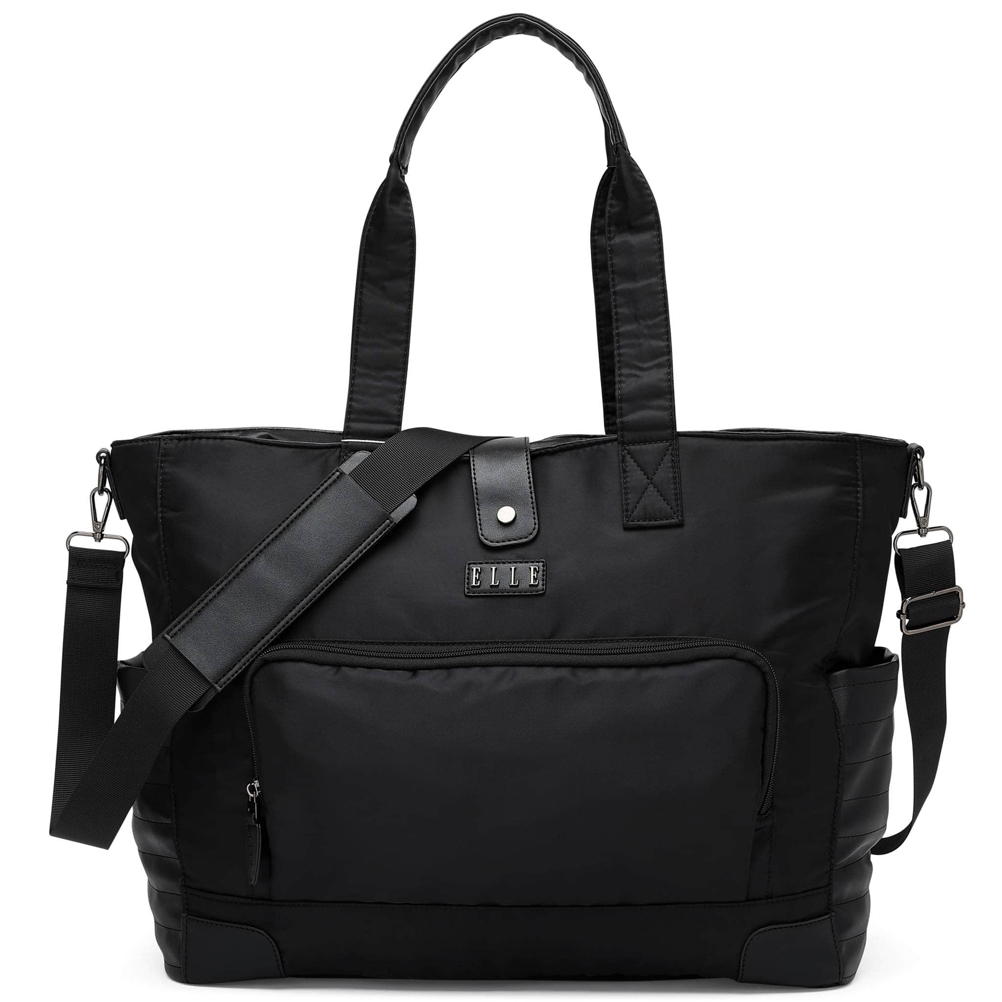 Front. Elle - ELLE Voyage 25L Twill and Vegan Leather Weekender Duffel Bag | Black - Black.