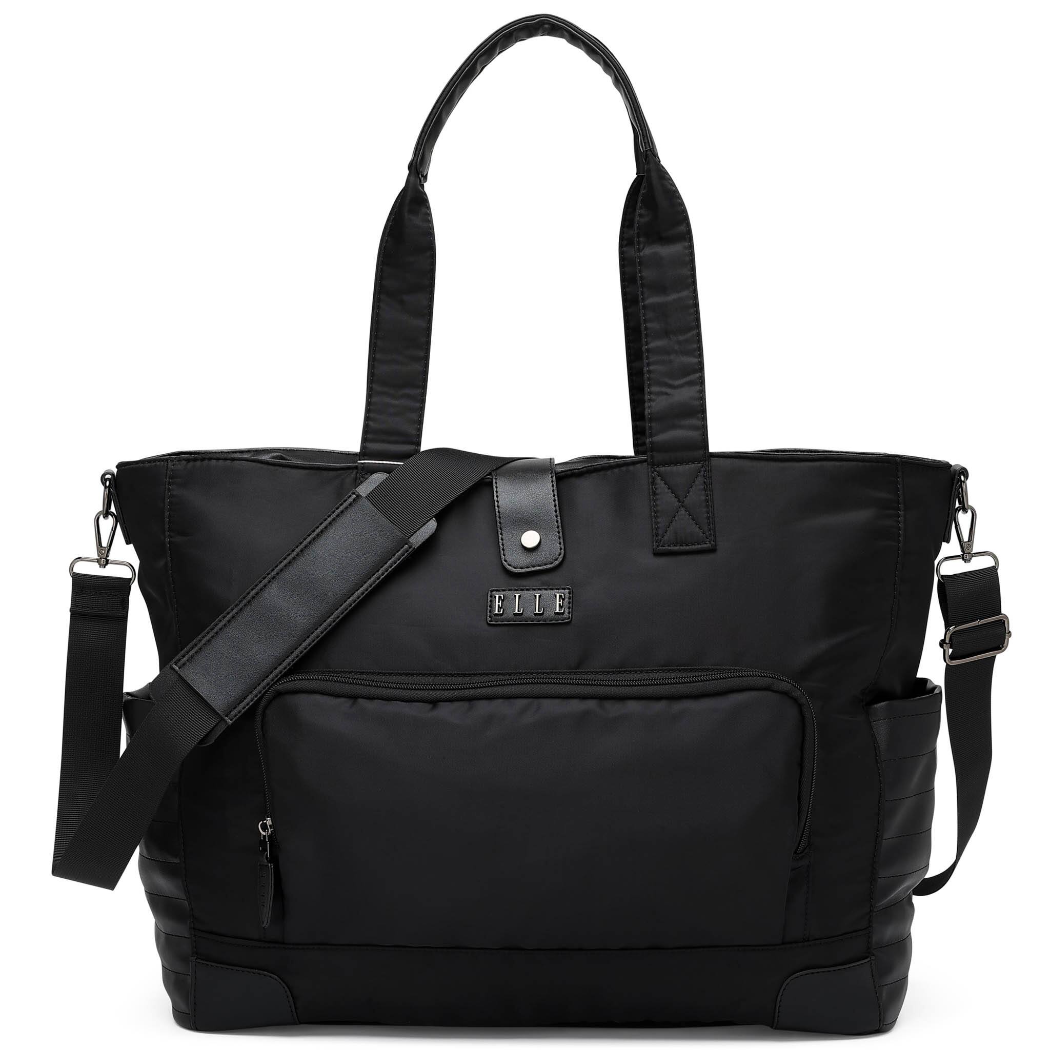 Front. Elle - ELLE Voyage 25L Twill and Vegan Leather Weekender Duffel Bag | Black - Black.