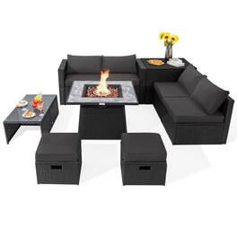Pefilos - 9 Pieces Outdoor Wicker Sectional with 35 Inch Gas Fire Pit Table- Wicker Furniture Conversation Sets, Coffee Table - Gray