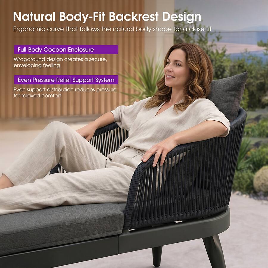 Natural Body-Fit Backrest Design  
Ergonomic curve that follows the natural body shape for a close fit  

Full-Body Cocoon Enclosure  
Wraparound design creates a secure, enveloping feeling  

Even Pressure Relief Support System  
Even support distribution reduces pressure for relaxed comfort
