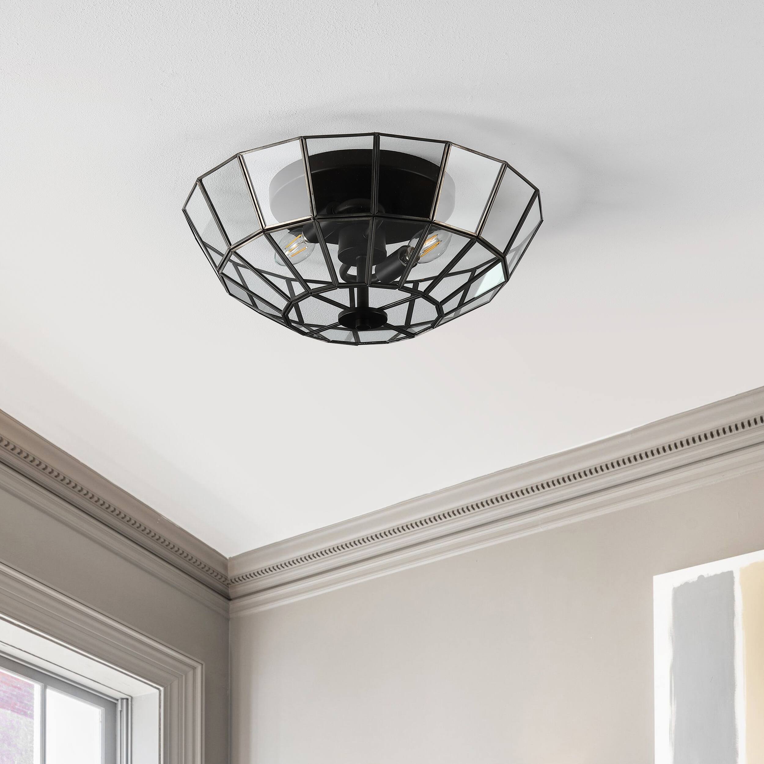 Alt View 5. Jonathan Y - Theo 15.5" 2-Light Farmhouse Rustic Iron/Glass LED Semi Flush Mount, Oil Rubbed Bronze/Clear - Oil Rubbed Bronze.