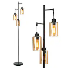 Front. Costway - Costway Freestanding Floor Lamp Retro Floor Lamp w/3-Head Hanging Amber Glass Shade - Black.