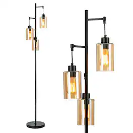 Costway - Freestanding Floor Lamp Retro Floor Lamp w/3-Head Hanging Amber Glass Shade - Black