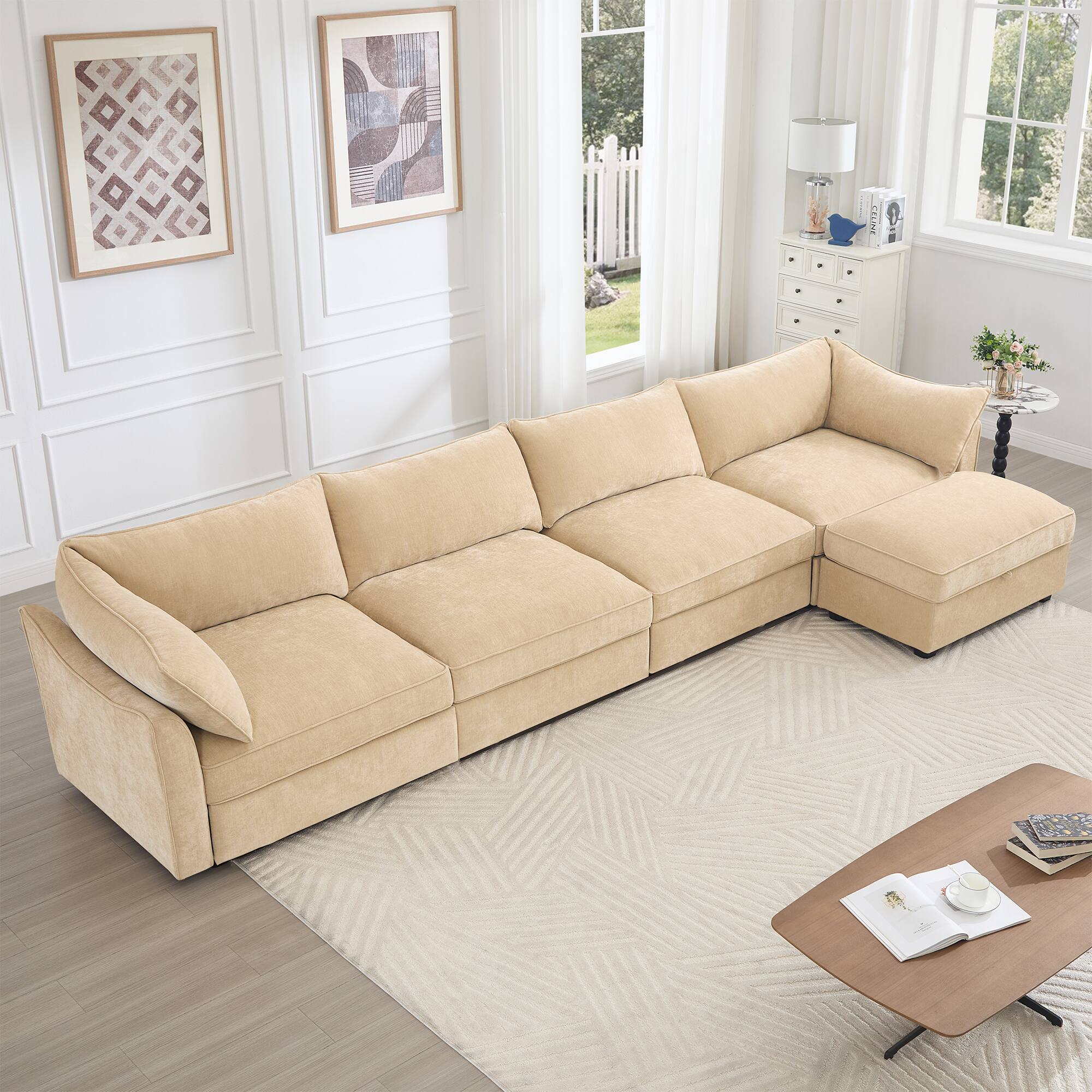 Angle. Aukfa - L-Shaped 4-Seater Modular Sofa with Footstool - Pull-Out Drawers, Crescent Armrests, Chenille Fabric - Hazelwood.