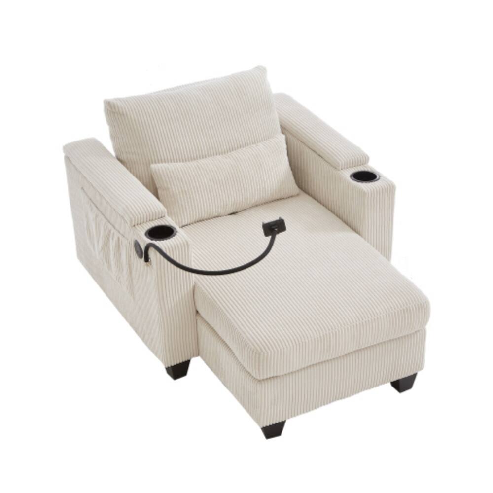 Alt View 7. LUCKY ONE - 37.4" Convertible Chaise Lounge Sofa Chair Bed w/ USB Cup Holders Phone Holder Storage - Beige.