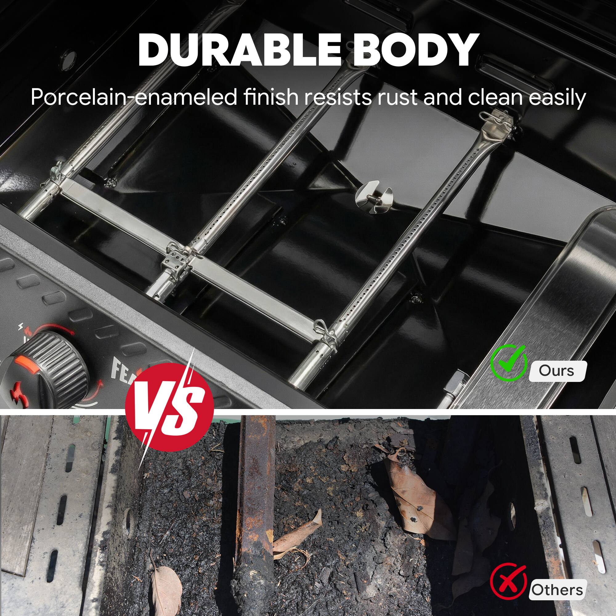 DURABLE BODY  
Porcelain-enamel finish resists rust and clean easily  

FEA VS Ours Others