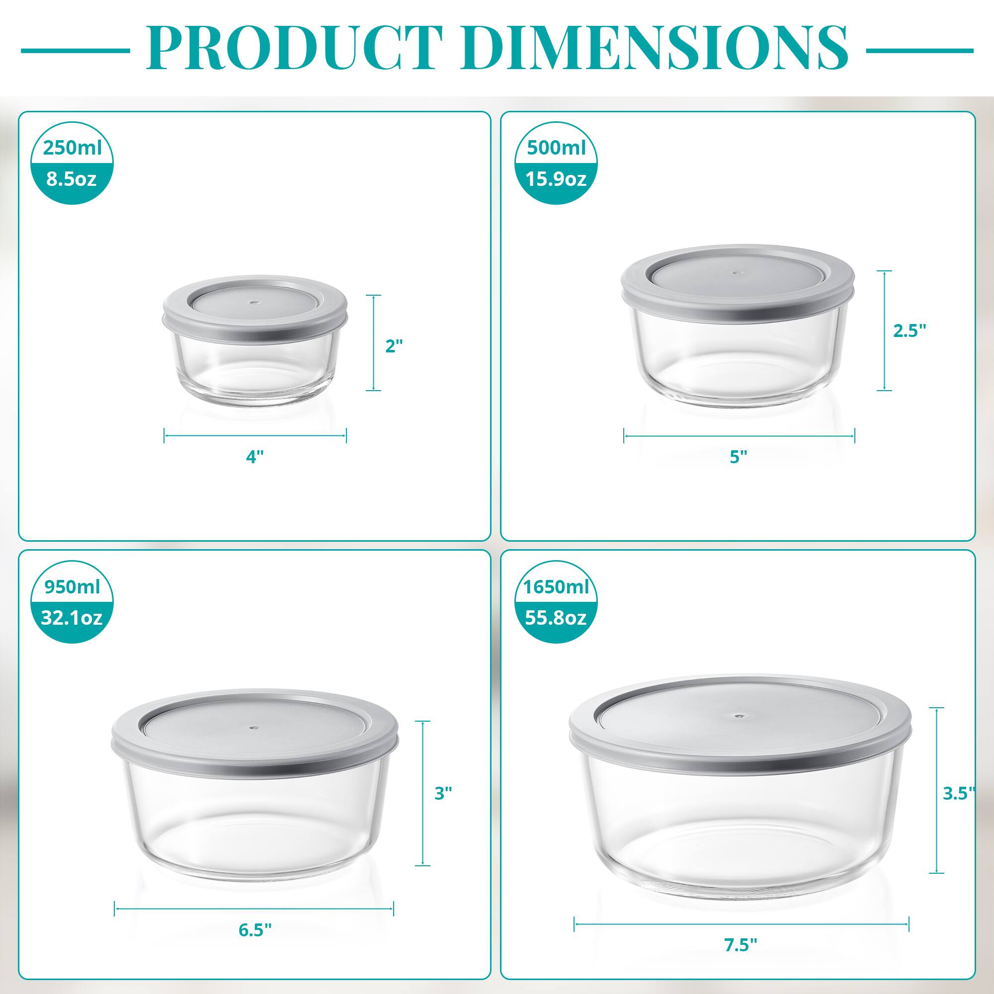PRODUCT DIMENSIONS

- 250ml 8.5oz
  - 2" x 4"

- 500ml 15.9oz
  - 2.5" x 5"

- 950ml 32.1oz
  - 3" x 6.5"

- 1650ml 55.8oz
  - 3.5" x 7.5"