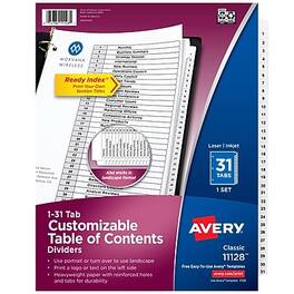 Avery - Ready Index Table of Contents Pre-Printed Numeric Paper Divider, 31 Tabs, 1 Set - White