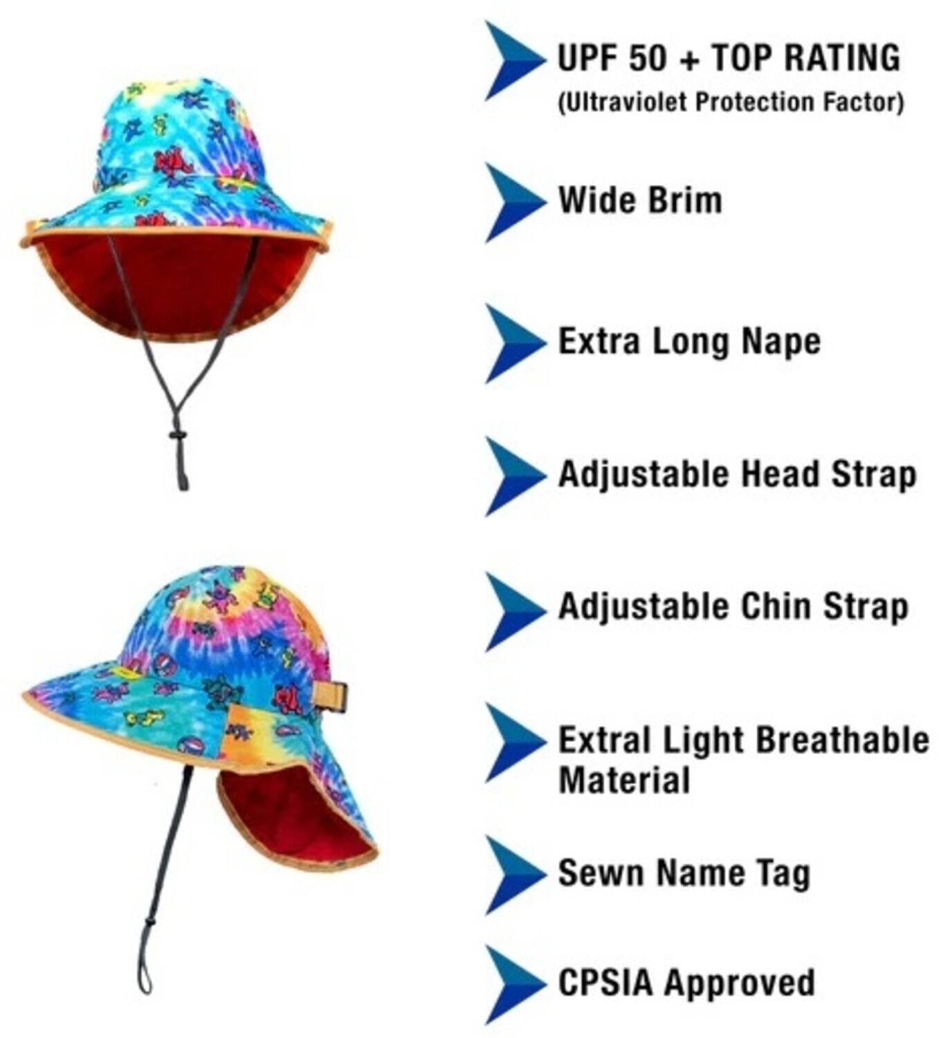 UPF 50+ TOP RATING (Ultraviolet Protection Factor)  
Wide Brim  
Extra Long Nape  
Adjustable Head Strap  
Adjustable Chin Strap  
Extra Light Breathable Material  
Sewn Name Tag  
CPSIA Approved