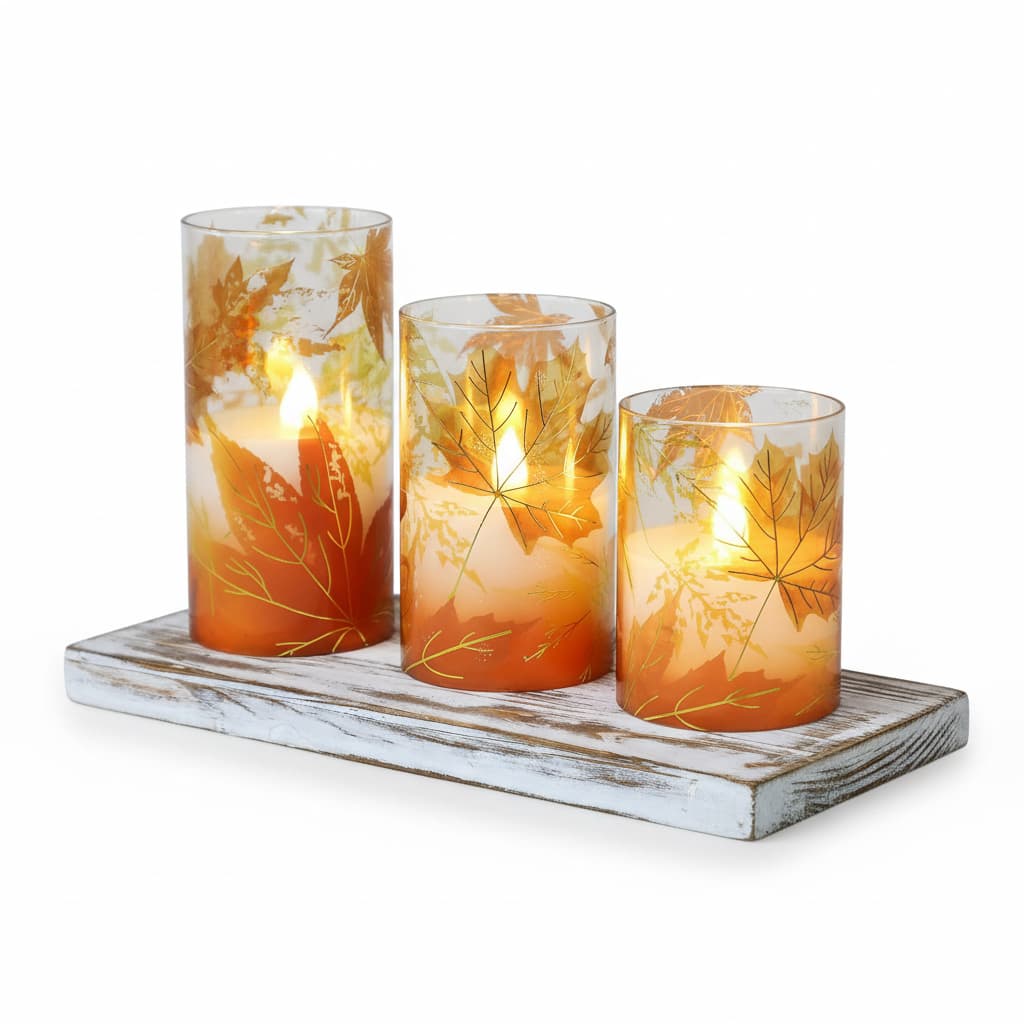 Front. FINEAK - Fall Decor Flameless Candles - Battery-Operated with Remote, Maple Leaf Glass LED Flickering Pillar, Timer - Orange.