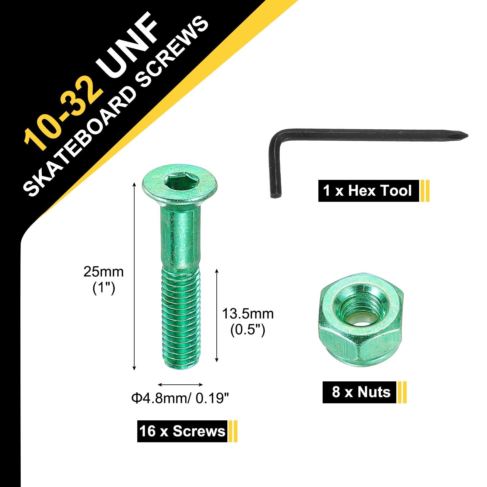 10-32 UNF SKATEBOARD SCREWS

25mm (1")  
13.5mm (0.5")  
1 x Hex Tool 4.8mm/0.19"  
8 x Nuts  
16 x Screws