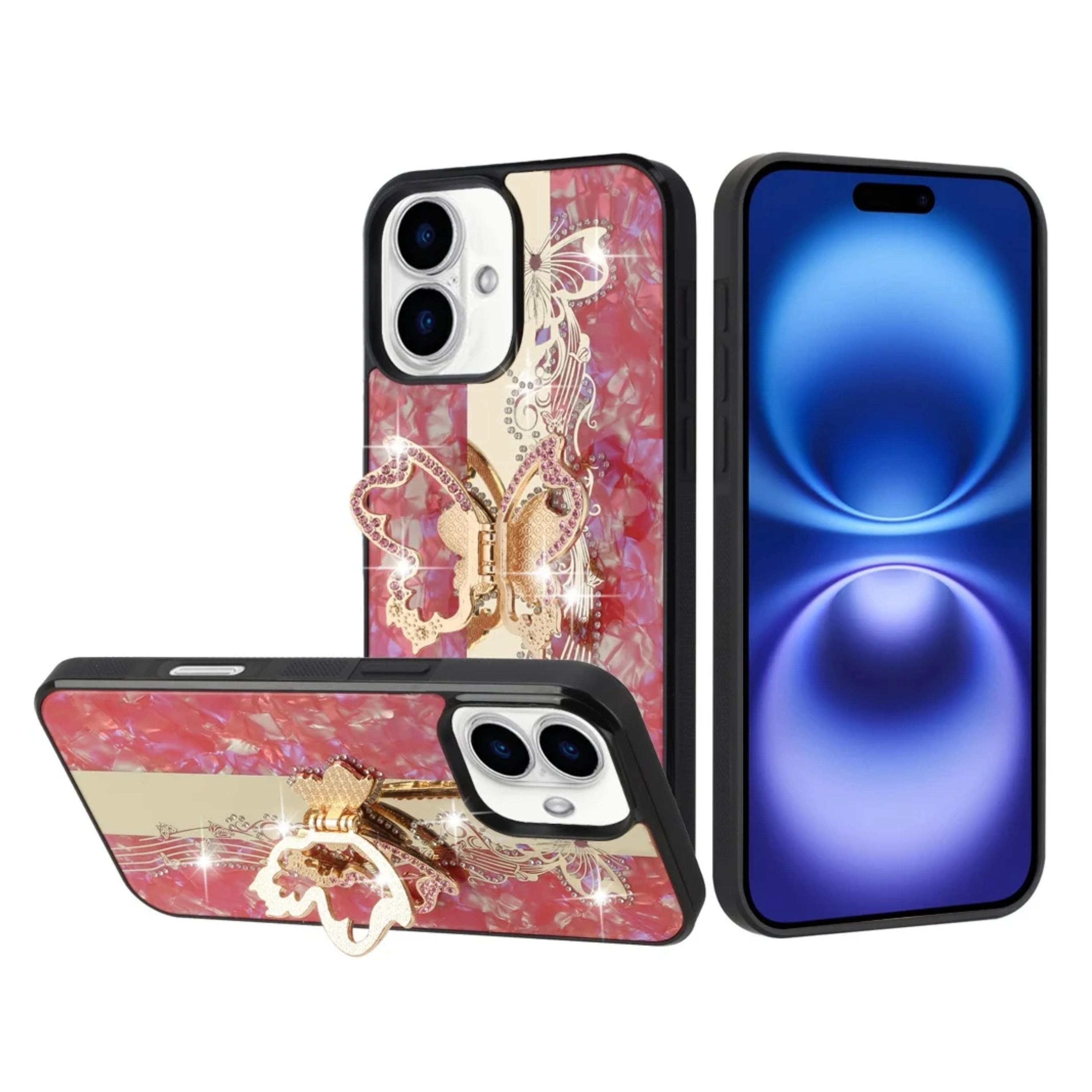 Kitcheniva - Rhinestone Glitter Butterfly Design Phone Case With Tempered Glass For iPhone 17 - Red