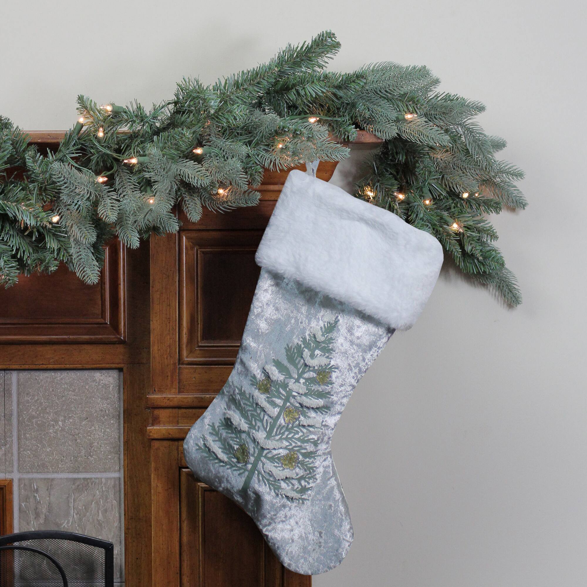 Alt View 1. Dyno - 19.5" Snow Covered Green Tree Gray Christmas Stocking with White Cuff - Gray.
