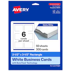 Go to avery.com/templates
Use Avery Presta™ Template 95272
Matte White
6 cards per sheet
50 sheets
300 cards
2-1/2" x 3-1/2" Rectangle
White Business Cards with Sure Feed™ Technology for Laser/Inkjet
