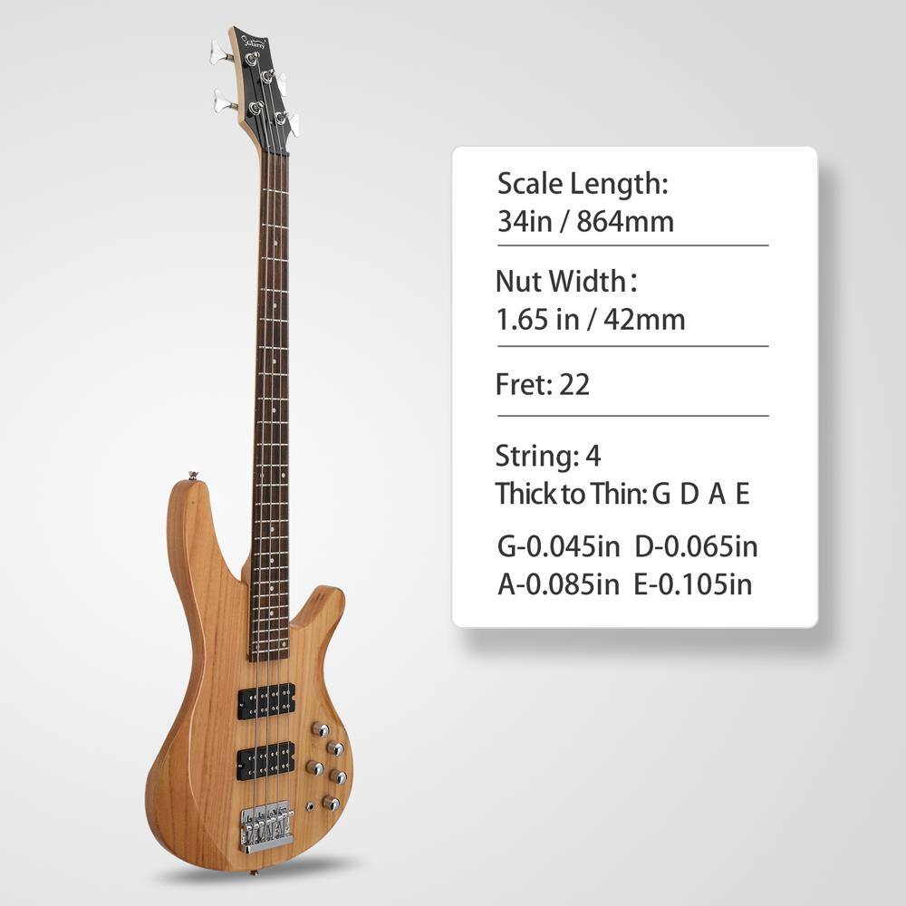 Scale Length: 34in / 864mm  
Nut Width: 1.65 in / 42mm  
Fret: 22  
String: 4  
Thick to Thin: G D A E  
G-0.045in  
D-0.065in  
A-0.085in  
E-0.105in