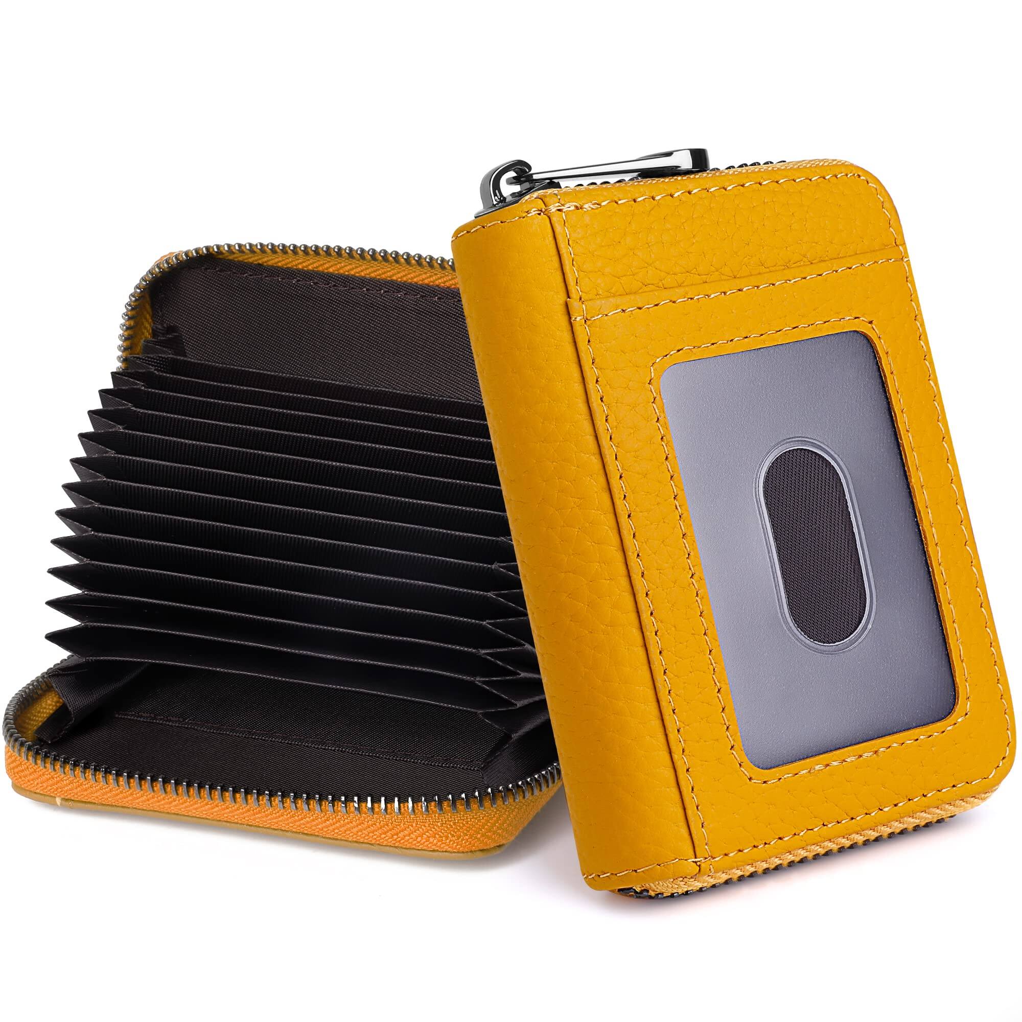 Front. Jadie Link - Genuine Leather Credit Card Holder Women Rfid Blocking Accordion Small Case Wallet Genuine Leather Lychee Pattern - B-Yellow & ID Window-1.