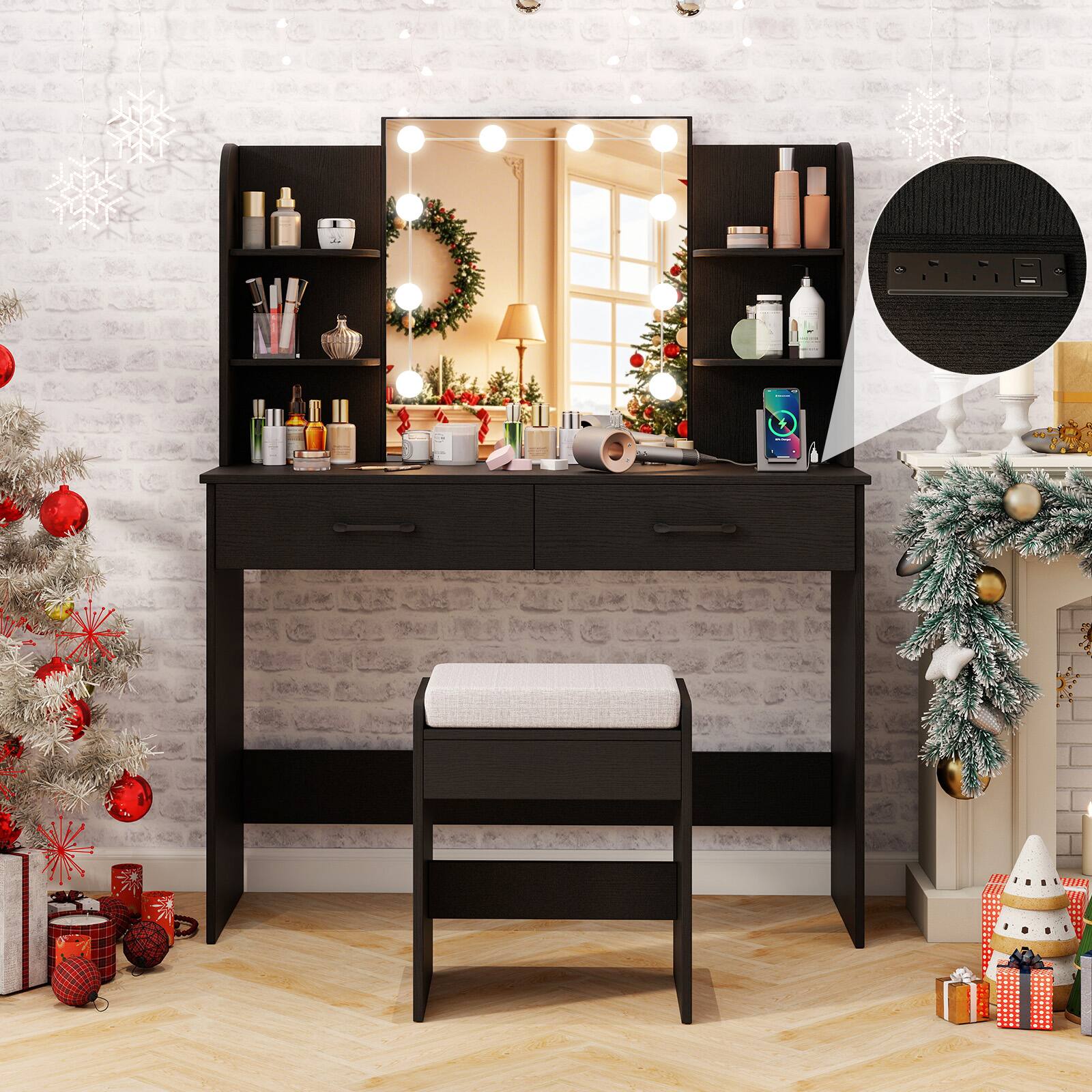 Alt View 1. SlickBlue - Vanity Set with Lighted Mirror, Comfortable Stool, and Power Outlet - Black.
