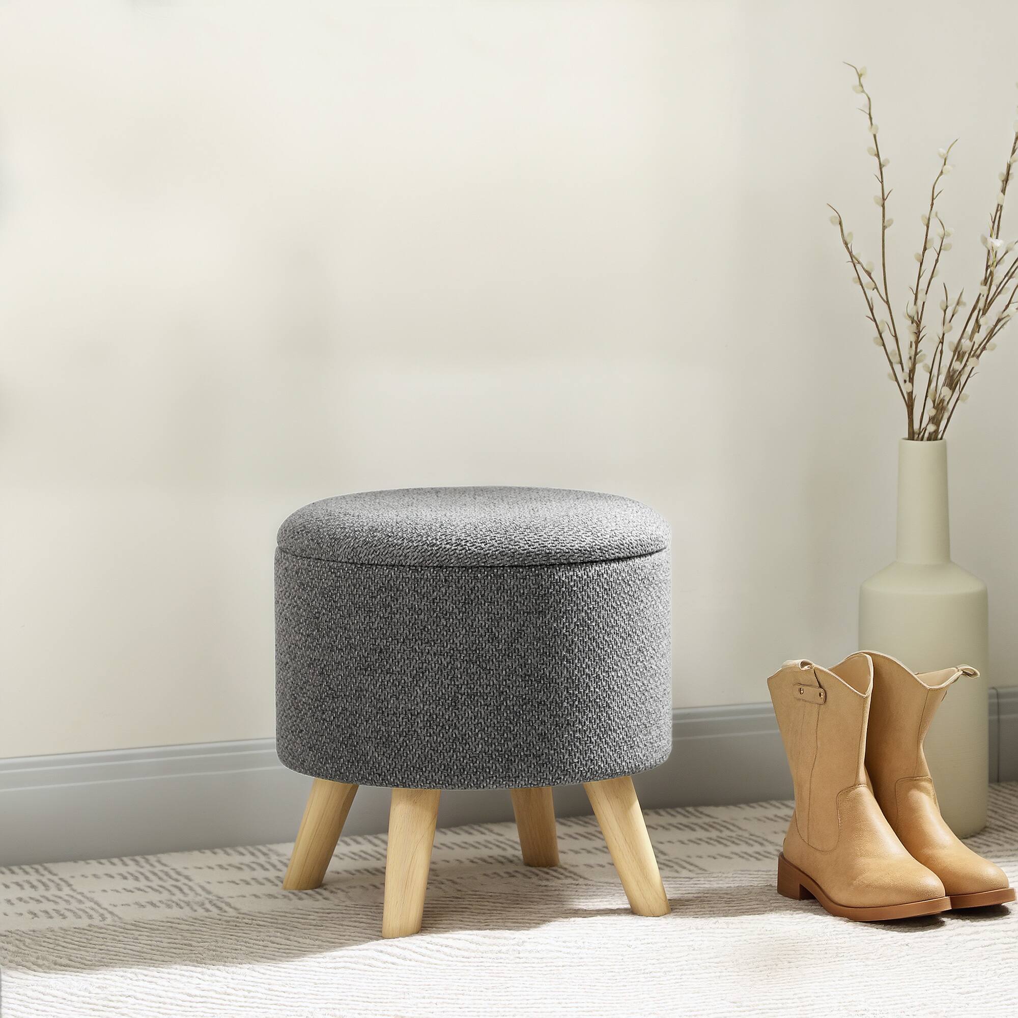 Alt View 2. Homcom - Round Storage Ottoman, Linen Fabric Foot Stool with Removable Top, Small Foot Rest with Hidden Space for Living Room - Grey.