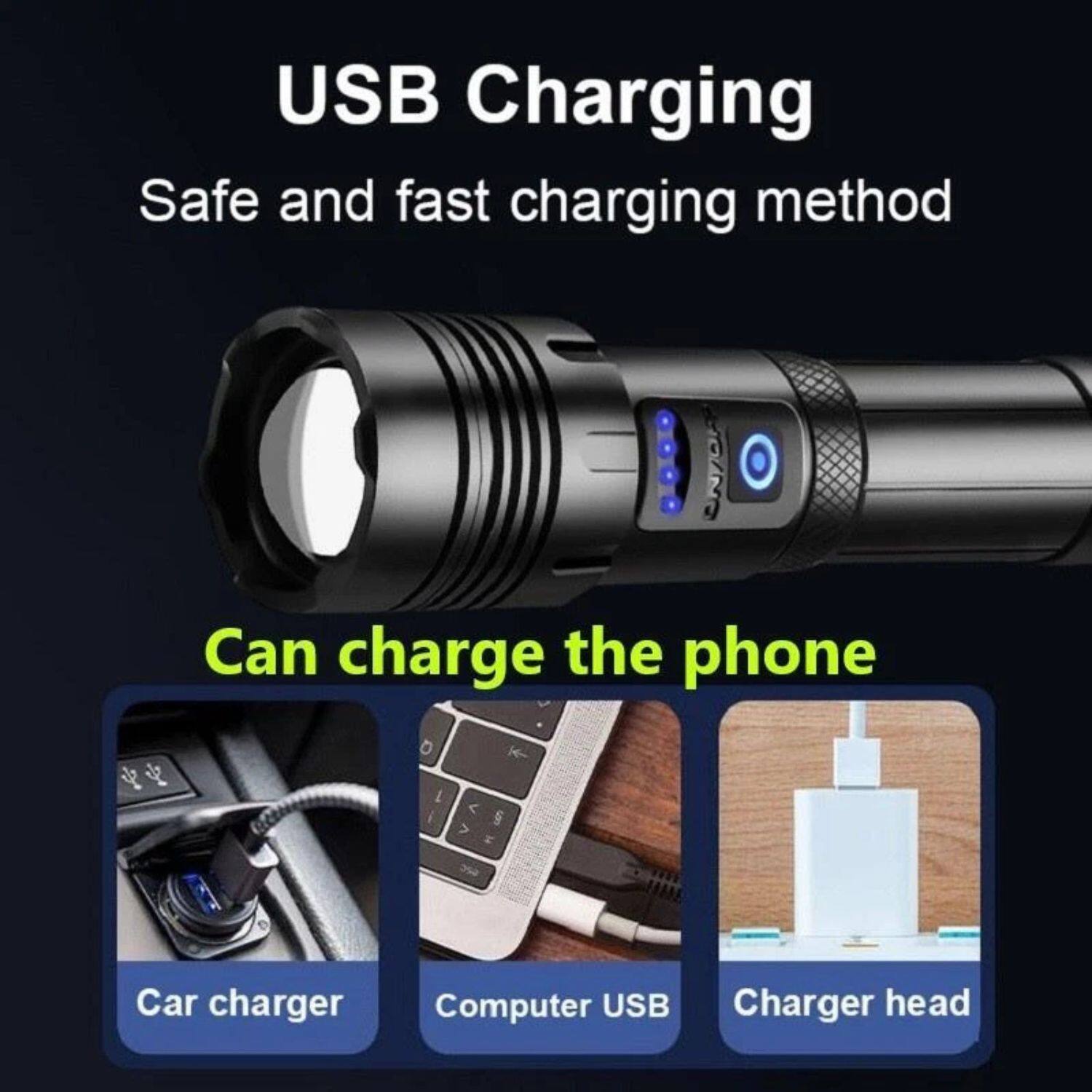 USB Charging  
Safe and fast charging method  

Can charge the phone  

Car charger  
Computer USB  
Charger head