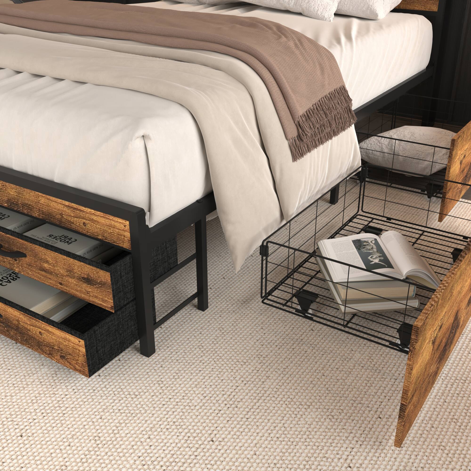 Alt View 2. GOODSILO - Full Size Storage Bed Frame with LED Headboard and Charging Station - Black+Brown.