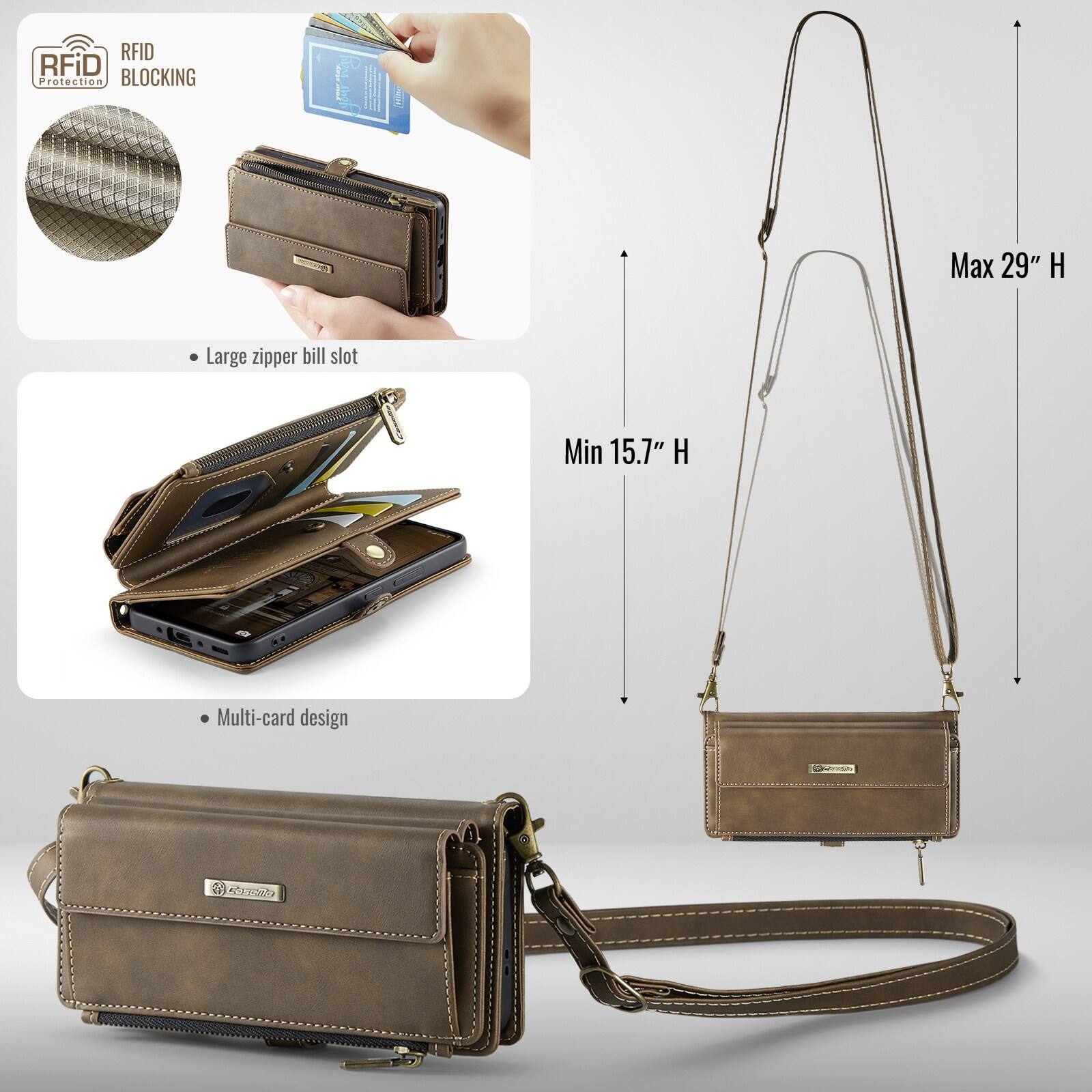 RFID Protection BLOCKING  
Large zipper bill slot  
Multi-card design  
Max 29" H  
Min 15.1" H