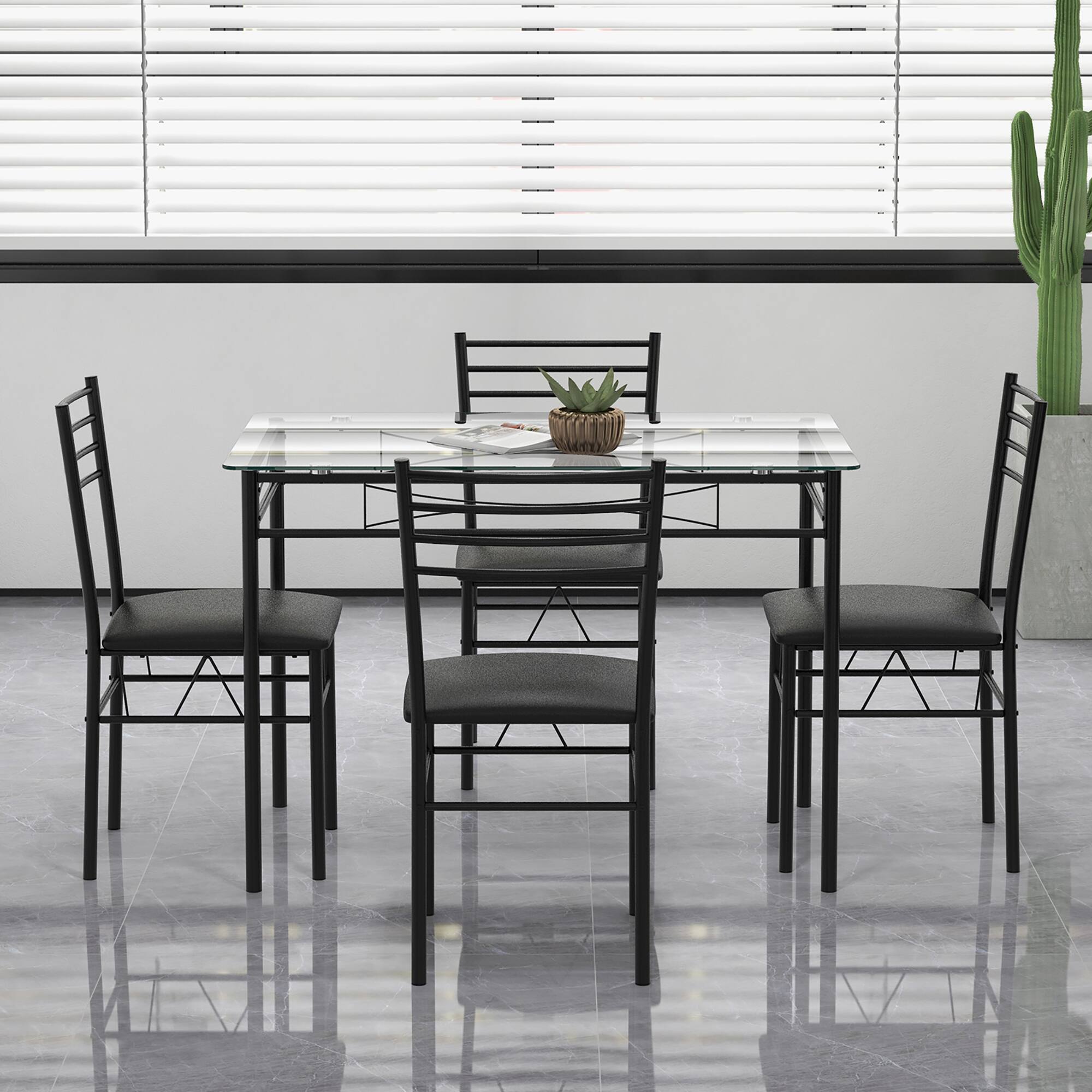 Alt View 1. Gymax - Gymax 5 PC Dining Set Glass Top Table and 4 Chairs Kitchen Room Furniture - Black.