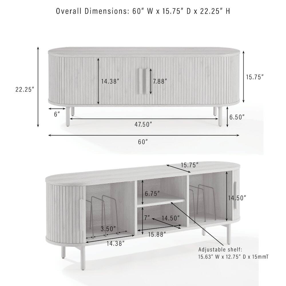 Overall Dimensions: 60" W x 15.75" D x 22.25" H

Adjustable shelf: 15.63" W x 12.75" D x 15mmT