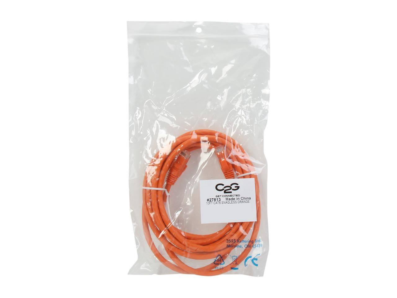C2G OET CONNECTED  
#27813  
Made in China  
10FT CAT6 SNAGLESS ORANGE  

3555 Kettering Blvd.  
Morrow, OH 45439  

CE  
RoHS