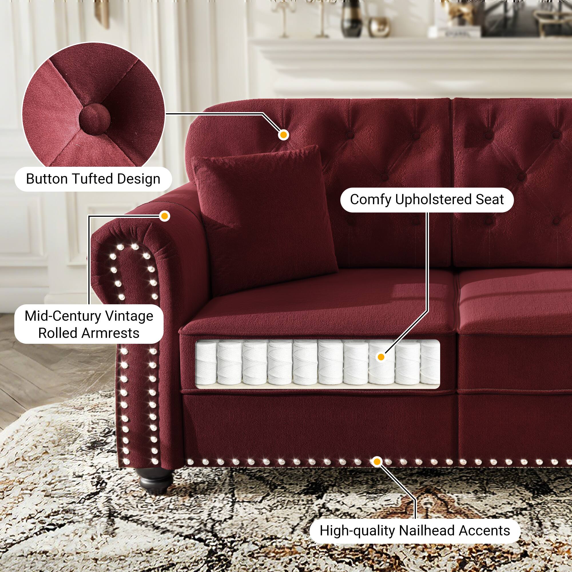 Button Tufted Design Comfy Upholstered Seat Mid-Century Vintage Rolled Armrests High-quality Nailhead Accents