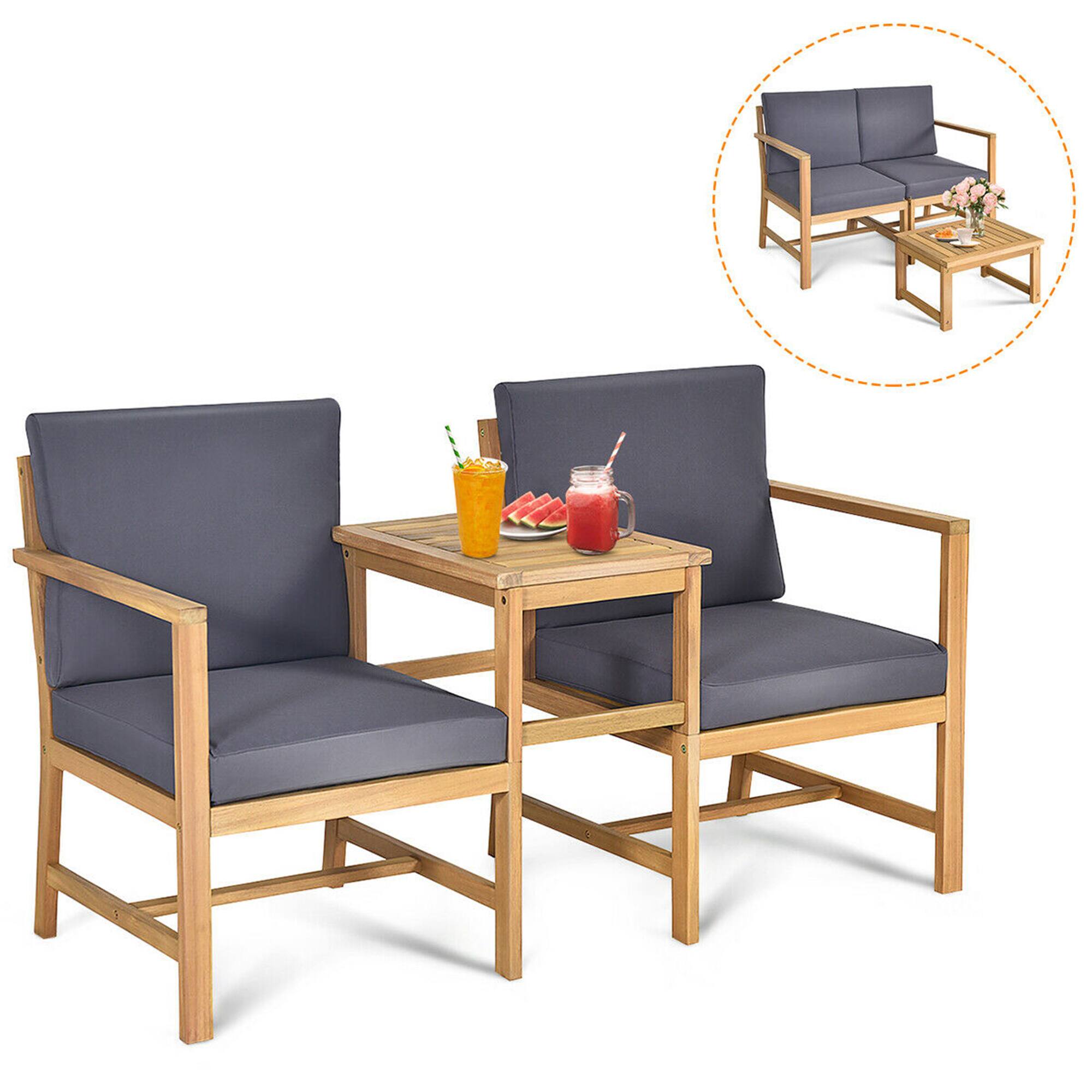 Alt View 1. Gymax - Gymax 3 in 1 Acacia Wood Furniture Set Patio Outdoor w/ Cushion Coffee Table - Natural Teak.