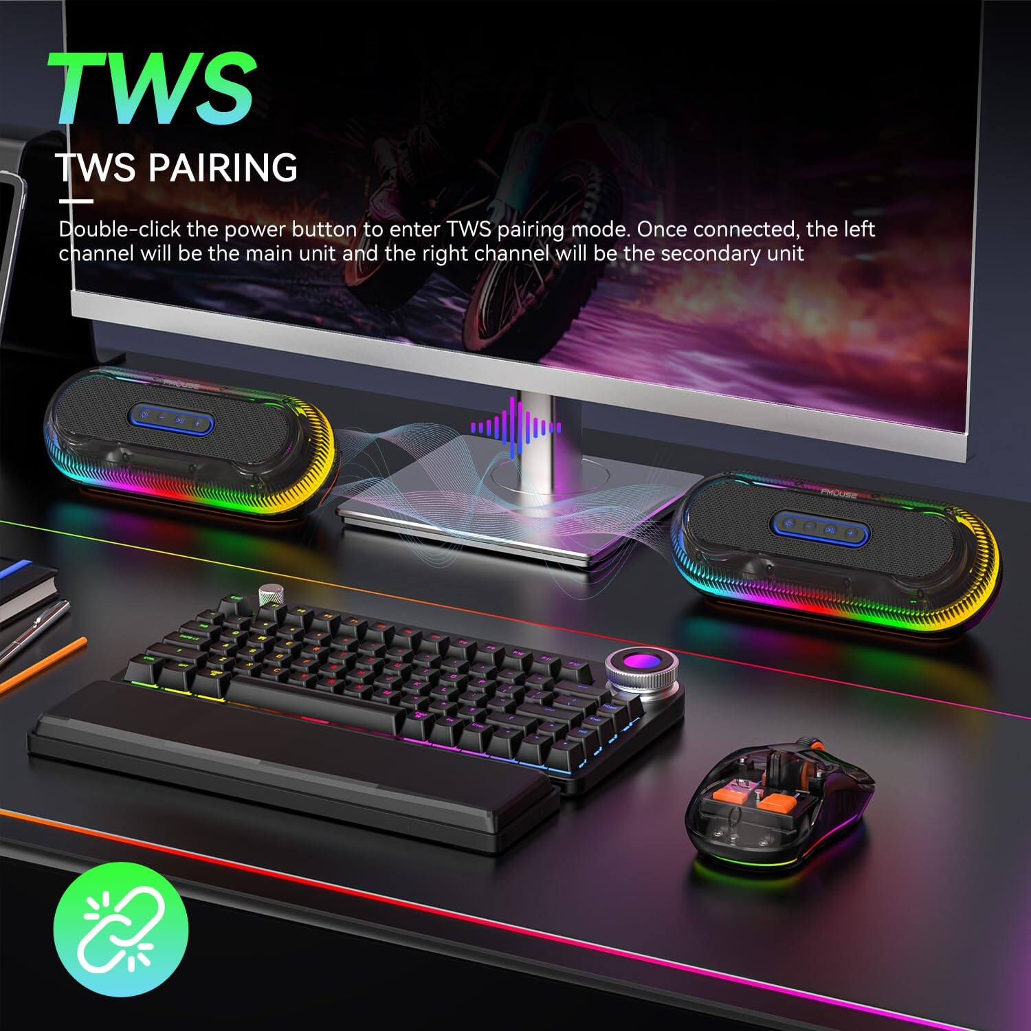 TWS  
TWS PAIRING  

Double-click the power button to enter TWS pairing mode. Once connected, the left channel will be the main unit and the right channel will be the secondary unit.