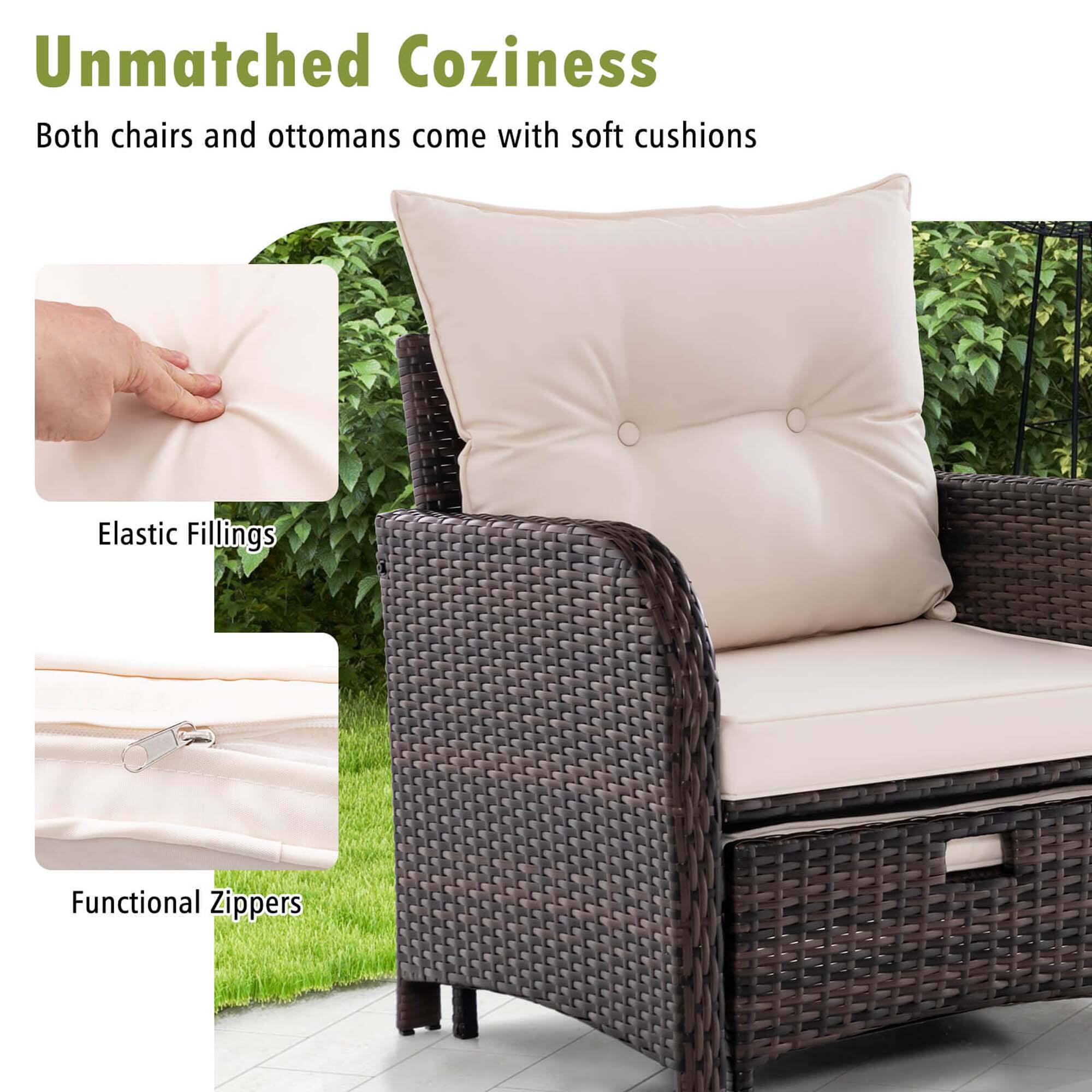 Unmatched Coziness: Both chairs and ottomans come with soft cushions. Elastic Fillings: Functional Zippers.