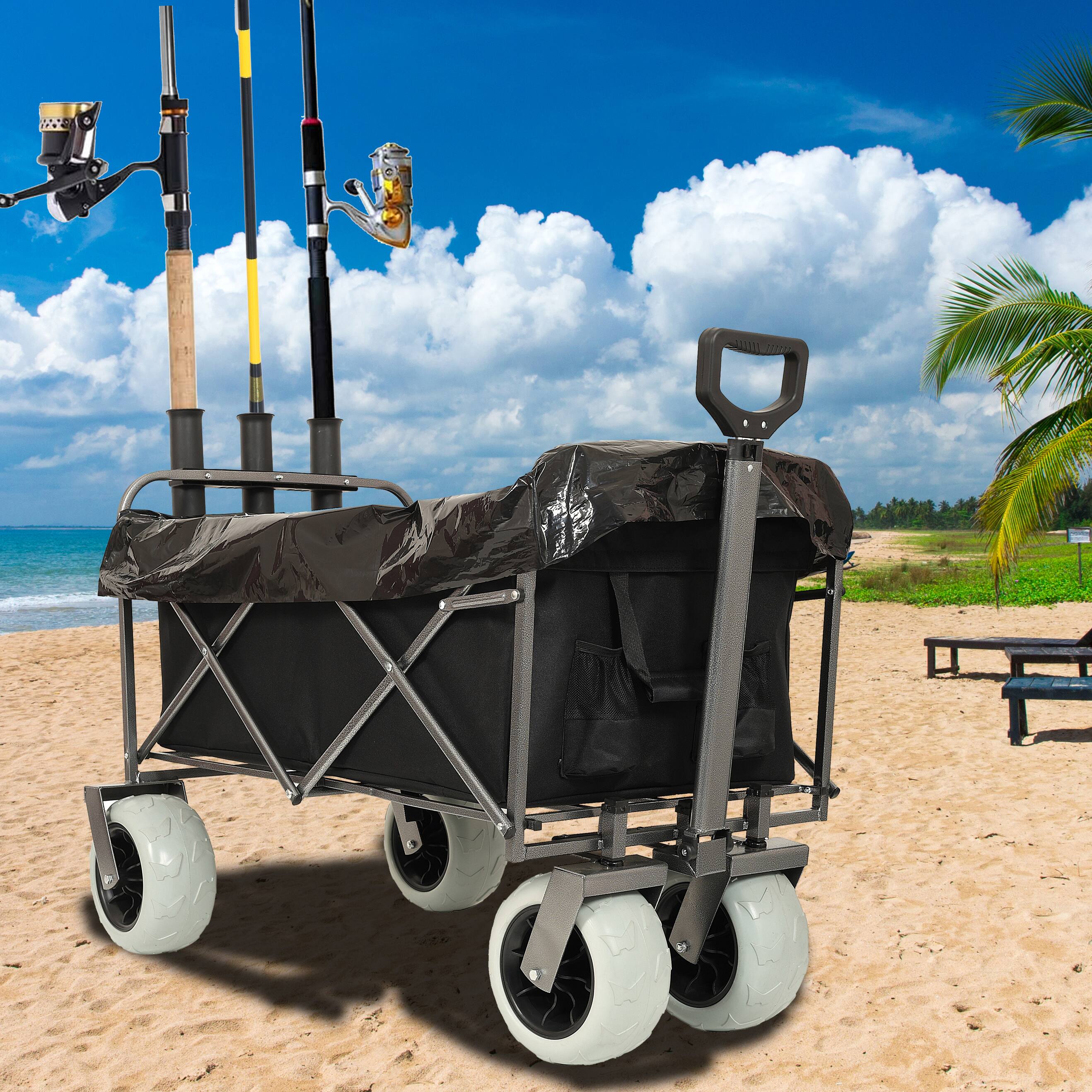 Left. Mondawe - 500lbs Foldable Steel Wagon Utility Carts w/ Waterproof Fishing Cart with Rod Holders - Black.