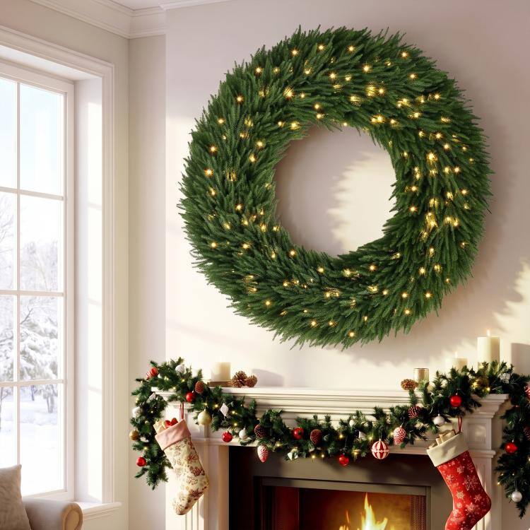 Alt View 9. PULUZ - Christmas Decoration, 48 in Pre-Lit Norfolk Pine Artificial Christmas Wreath with 150 LED Lights - Green.