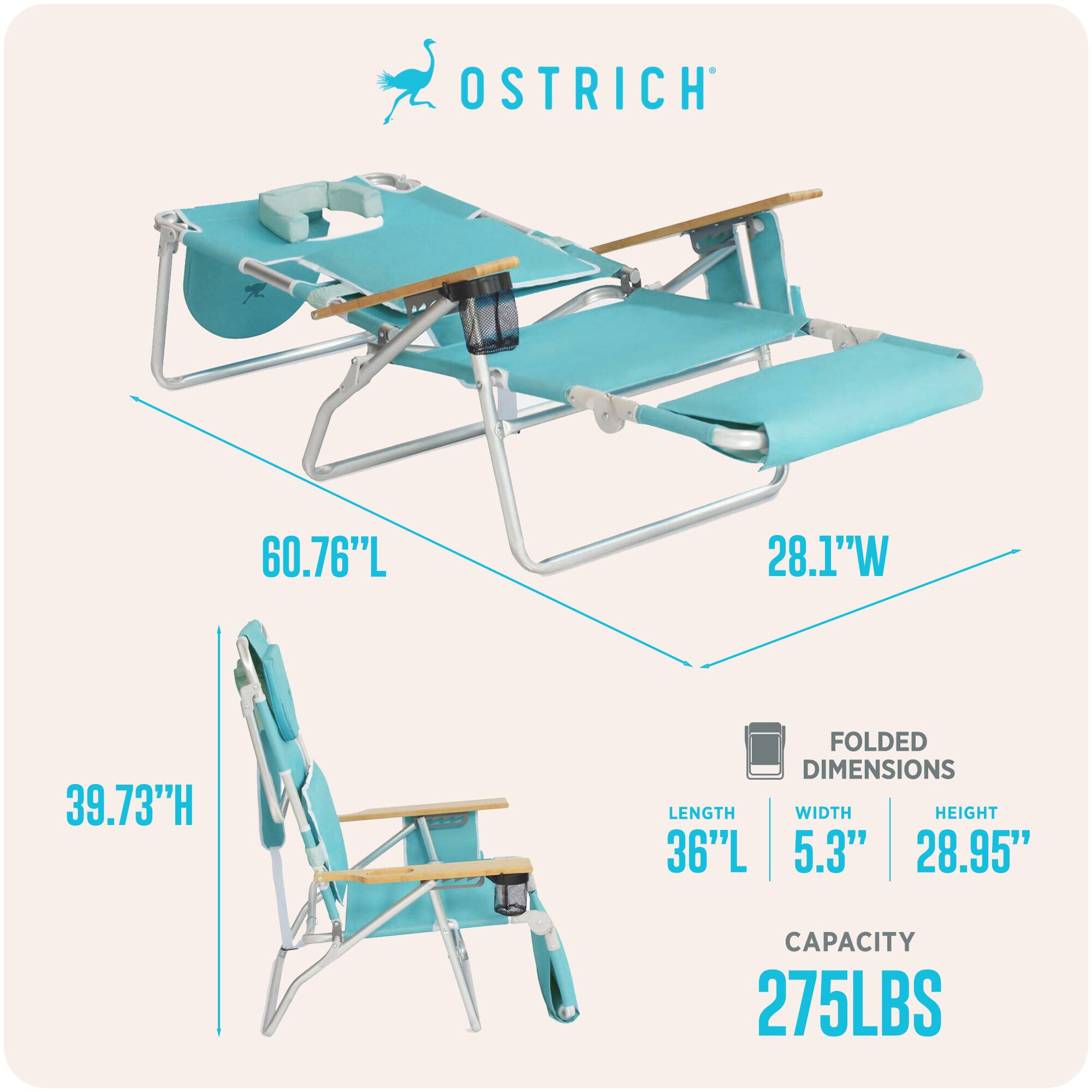 OSTRICH  
60.76"L x 28.1"W x 39.73"H  
FOLDED DIMENSIONS: 36"L x 5.3"W x 28.95"H  
CAPACITY: 275LBS