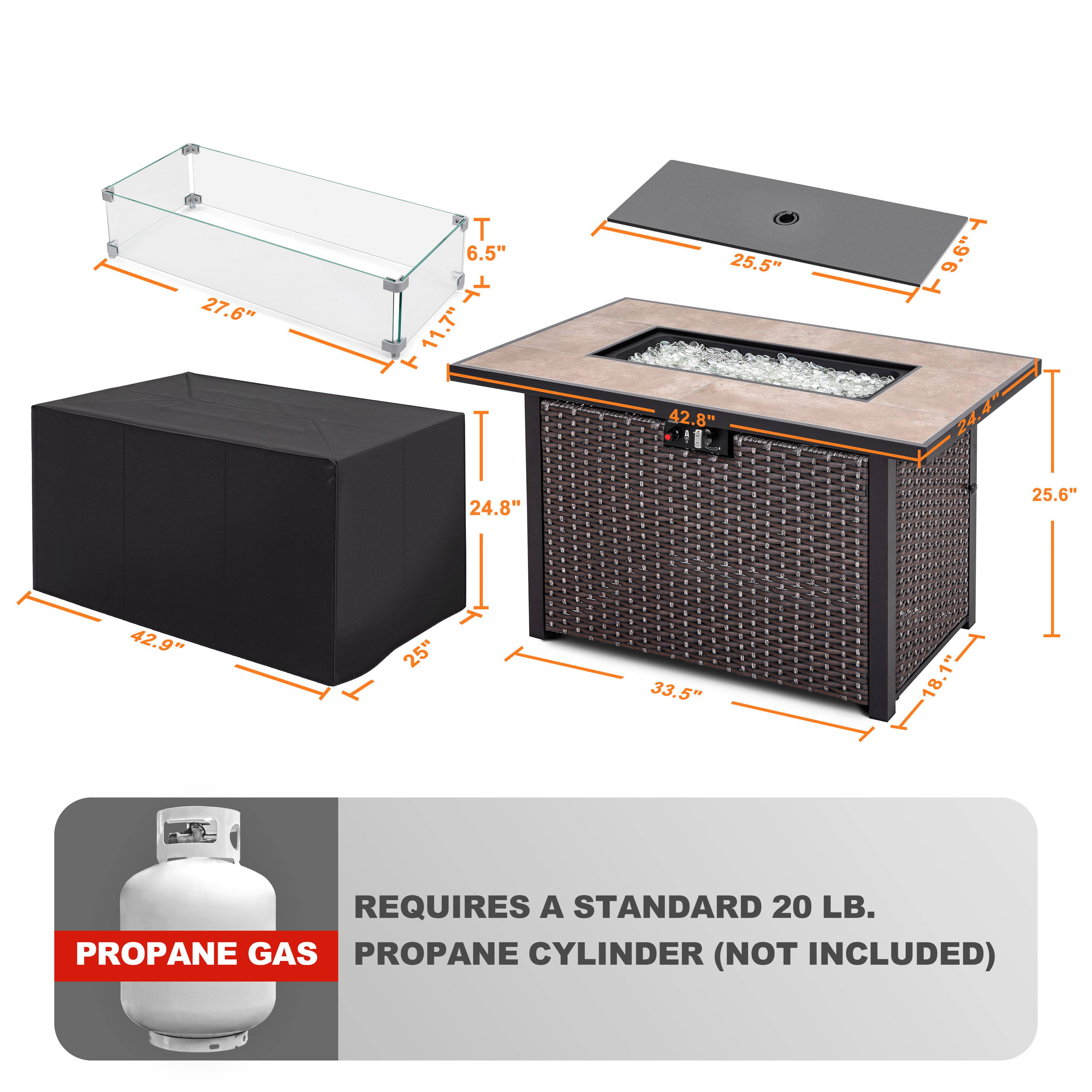 27.6" T 6.5" Y 11.7" T 25.5" T 9.6" 42.8" 24.8" 25.6" 42.9" 25" 33.5" 18.1" T 18.1" REQUIRES A STANDARD 20 LB. PROPANE GAS PROPANE CYLINDER (NOT INCLUDED)