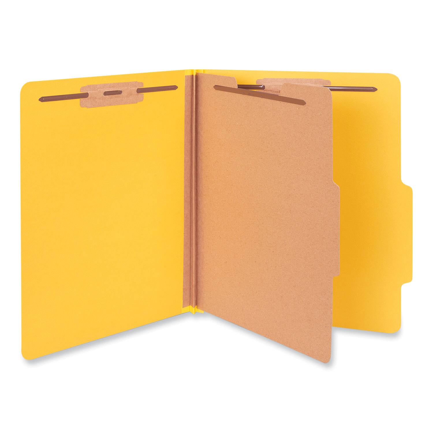 Angle. Universal - Bright Colored Pressboard  Folders, 2" Expansion, 1 Divider, 4 Fasteners, Letter Size, Yellow Exterior, 10/Box.