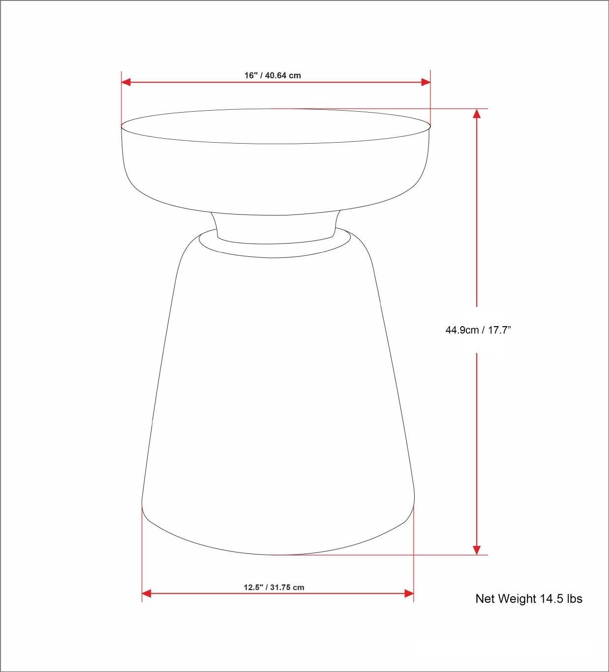 The image shows a drawing of a tall, thin vase. The vase is 16 inches tall, with a diameter of 6 inches. The drawing also includes a measurement of 44.9 centimeters, which is equivalent to 17.7 inches. The net weight of the vase is 14.5 pounds.