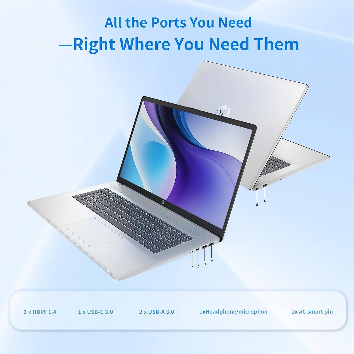 All the Ports You Need  
—Right Where You Need Them

1 x HDMI 1.4  
1 x USB-C 3.0  
2 x USB-A 3.0  
1 x Headphone/microphone  
1 x AC smart pin