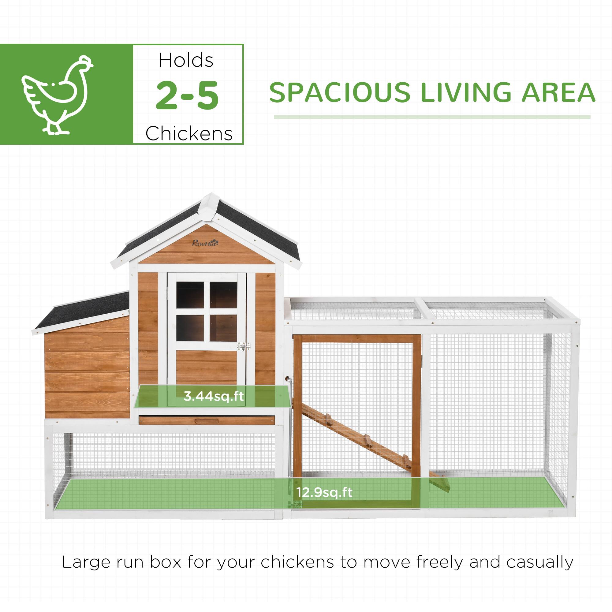 Holds 2-5 Chickens

SPACIOUS LIVING AREA

3.44 sq.ft

12.9 sq.ft

Large run box for your chickens to move freely and casually