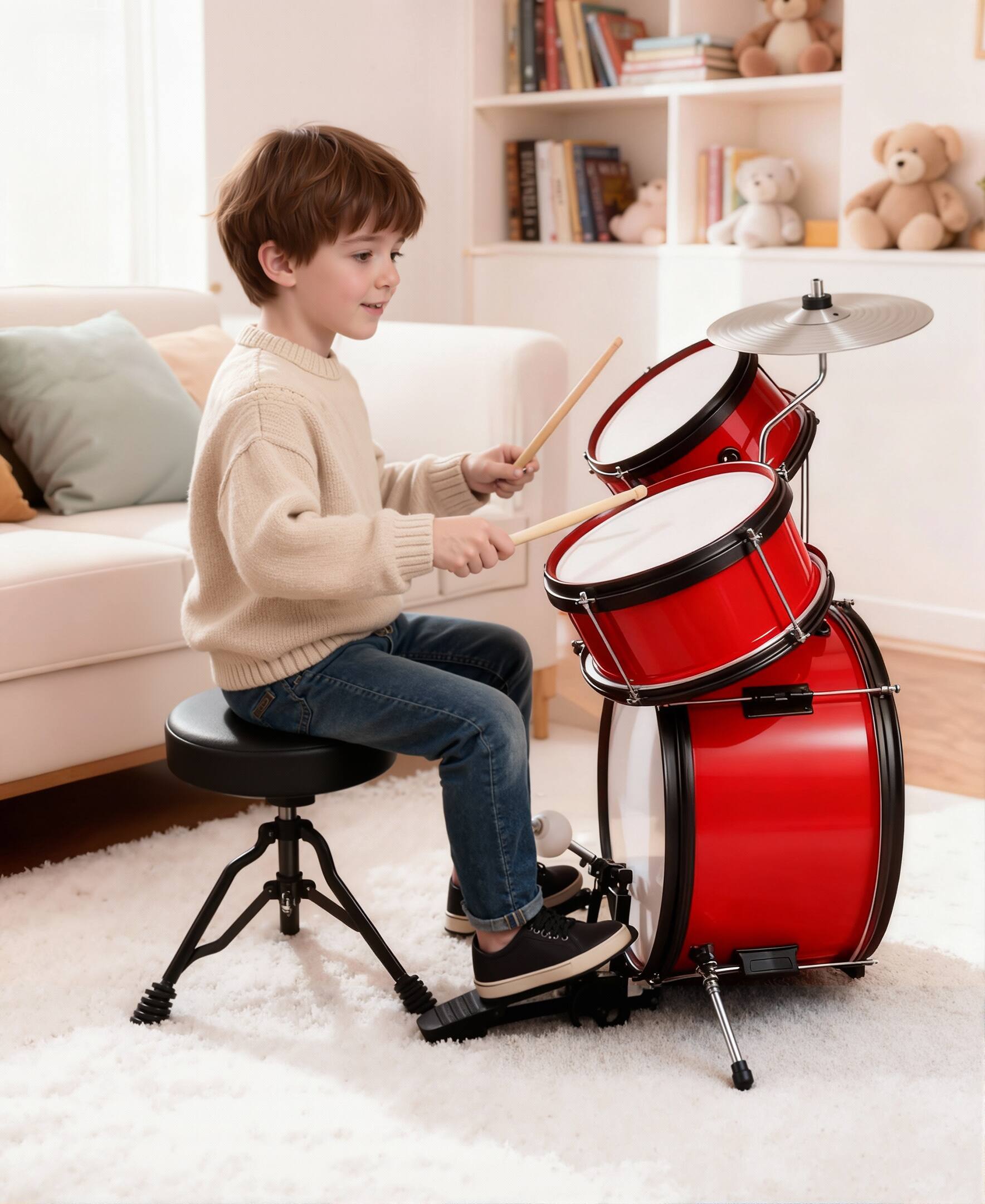 Back. Sugift - 3-Piece Kids Drum Set with Adjustable Stool, Bass Pedal & Cymbal – Realistic Junior Drum Kit for Ages 3+ - Red.