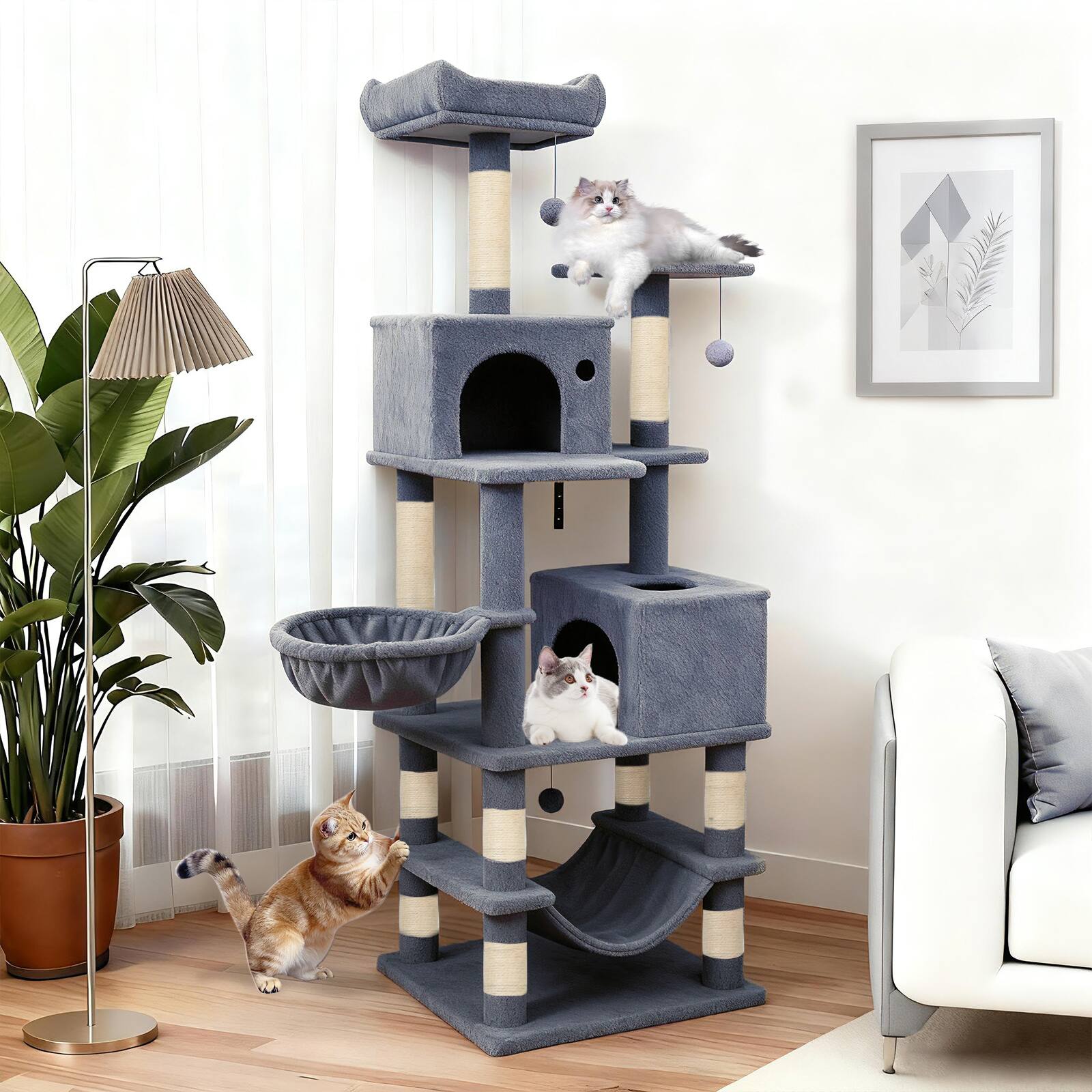 Alt View 1. Gymax - Gymax 66'' Tall Cat Tree w/2 Condos Sisal Scratching Posts Plush Perch Hammock Basket Dark Gray.