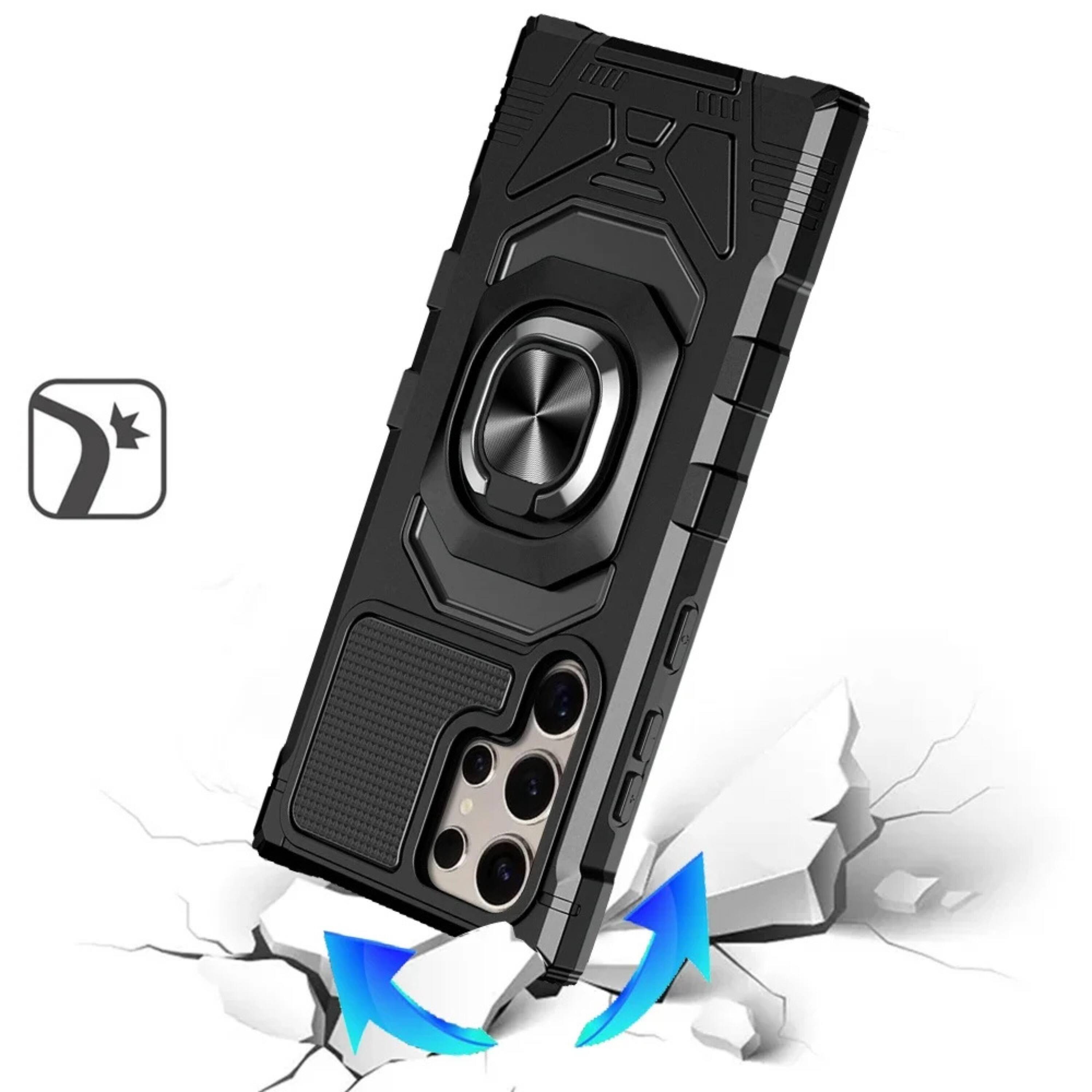 Left. Kitcheniva - Shockproof Dual Layer Magnetic Ring Stand Case With Tempered Glass For Samsung S25 Ultra Black - Black.