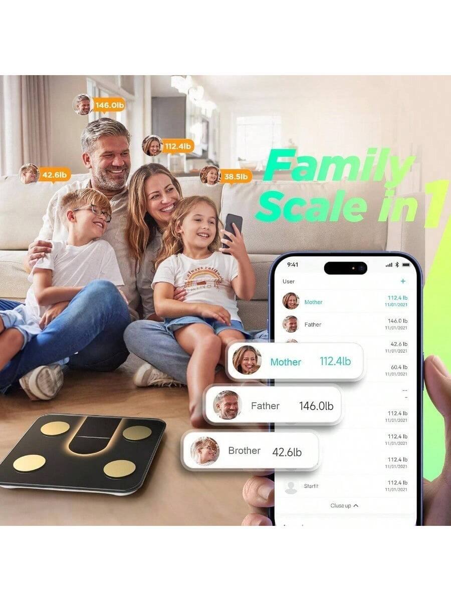 146.0lb  
42.6lb  
112.4lb  
38.5lb  

Family Scale in 7  

User  
Mother 112.4 lb 11/01/2021  
Father 146.0 lb 11/01/2021  
Mother 112.4 lb 42.6 lb 31/01/2021  
60.4 lb 11/01/2021  
Father 146.0 lb 112.4 lb 11/01/2021  
Brother 42.6 lb 112.4 lb 11/01/2021  
112.4 lb 11/01/2021  
Starfit 112.4 lb 11/01/2021  

Cluse up