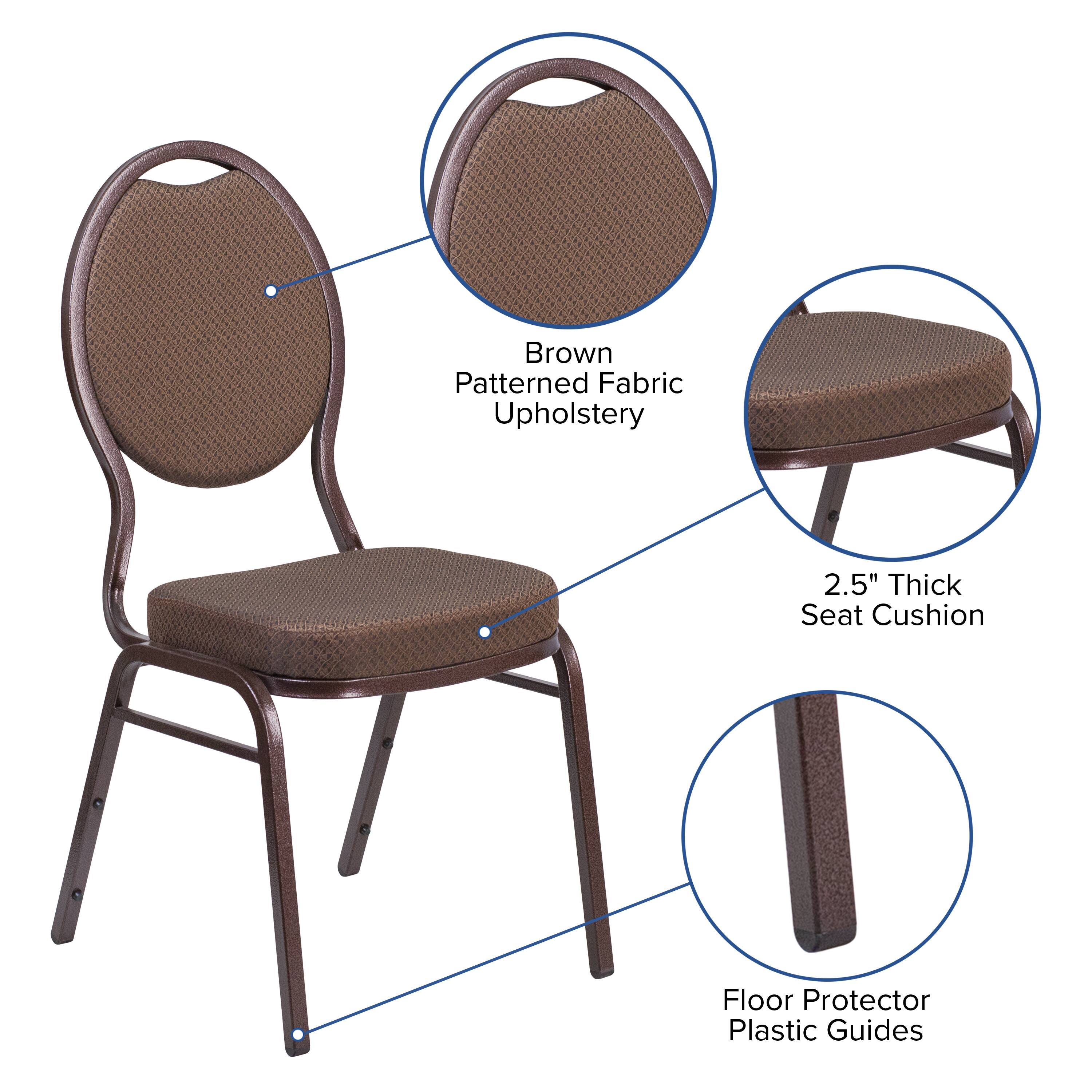 Brown Patterned Fabric Upholstery  
2.5" Thick Seat Cushion  
Floor Protector Plastic Guides