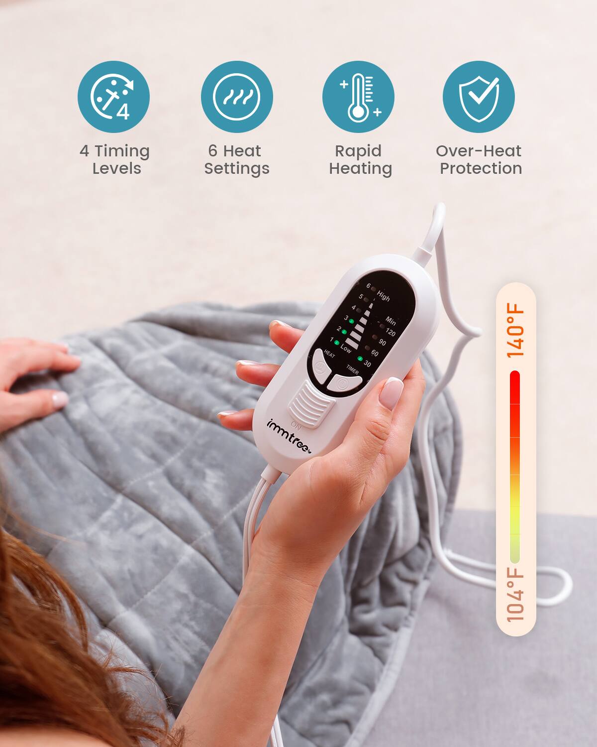 - 4 Timing Levels
- 6 Heat Settings
- Rapid Heating
- Over-Heat Protection

Heat Settings:
- High
- Medium
- Low

Temperature Range:
- 104°F to 140°F